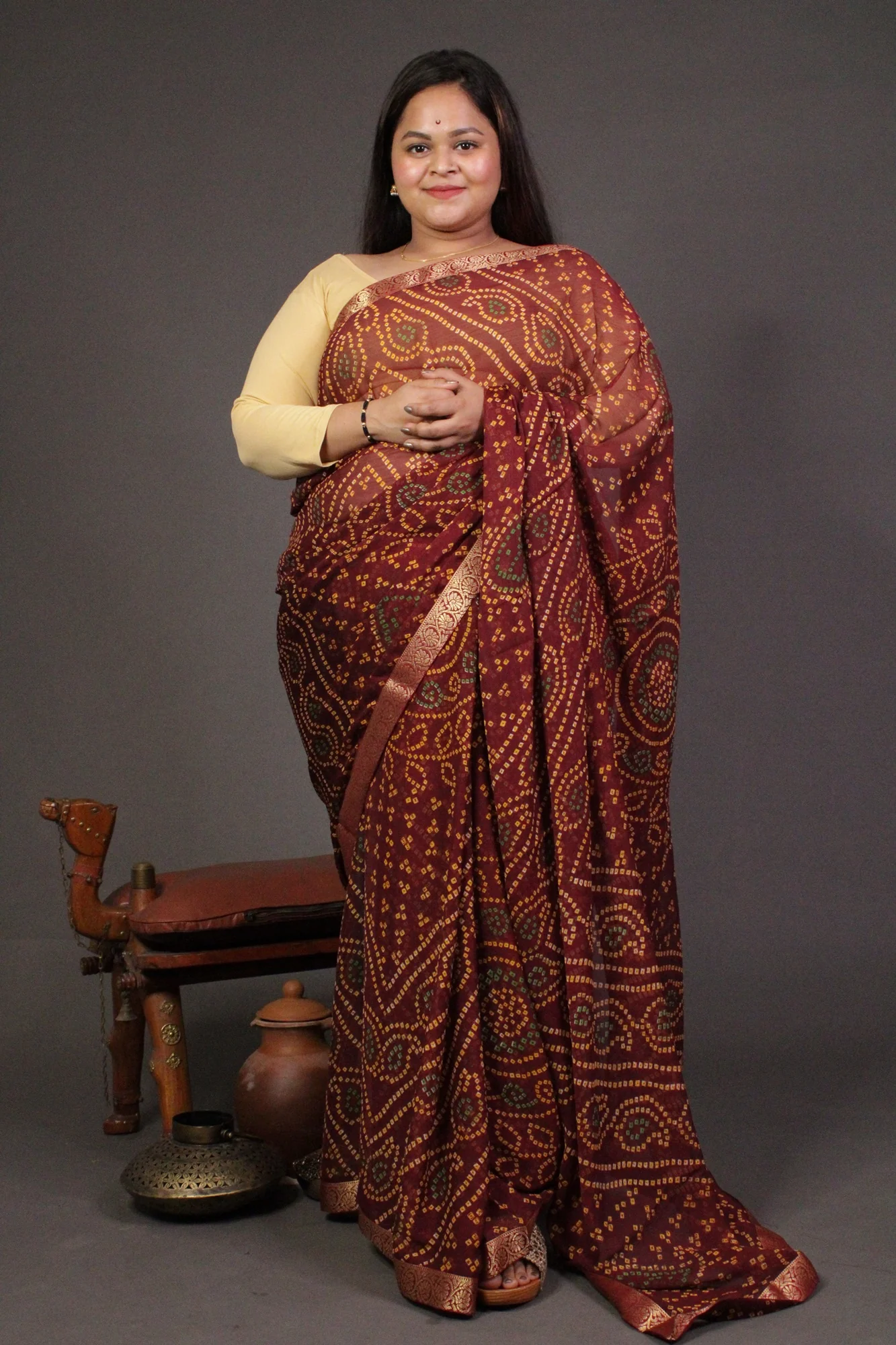 Maroon Bandhani Printed Chiffon  with beautiful Zari border Wrap in 1 minute saree - Image 5