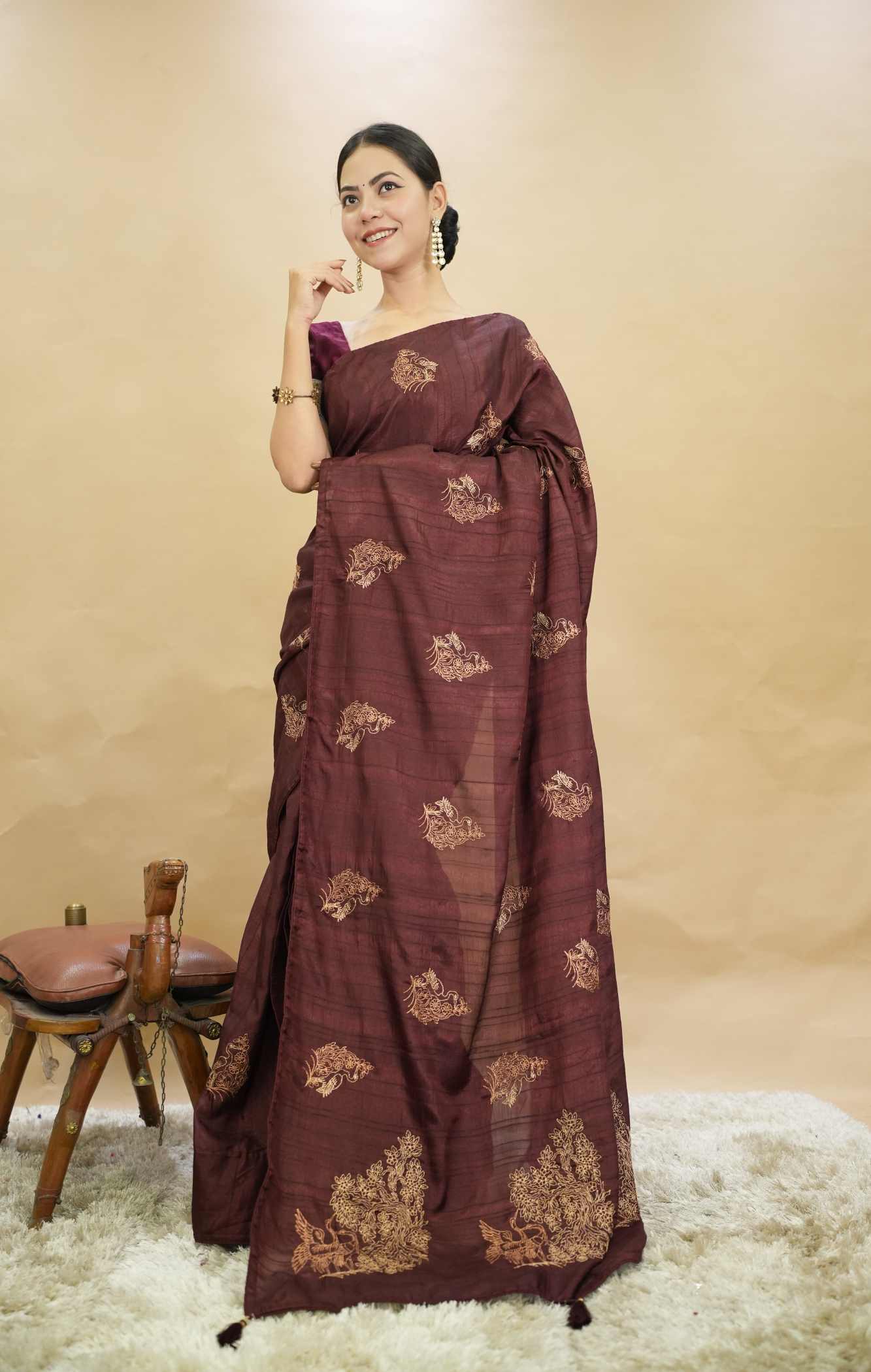 Maroon Cotton Silk  Zari Golden Embroidery With Piping And Tassel On Pallu Wrap in 1 minute Saree - Image 4