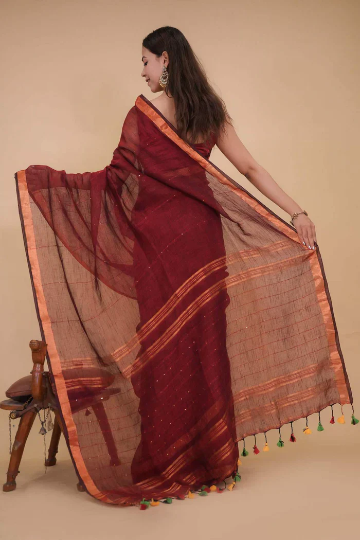 Maroon Handloom Cotton Linen Interwoven Sequins with Tassels In Pallu Ready To Wear Saree - Image 3