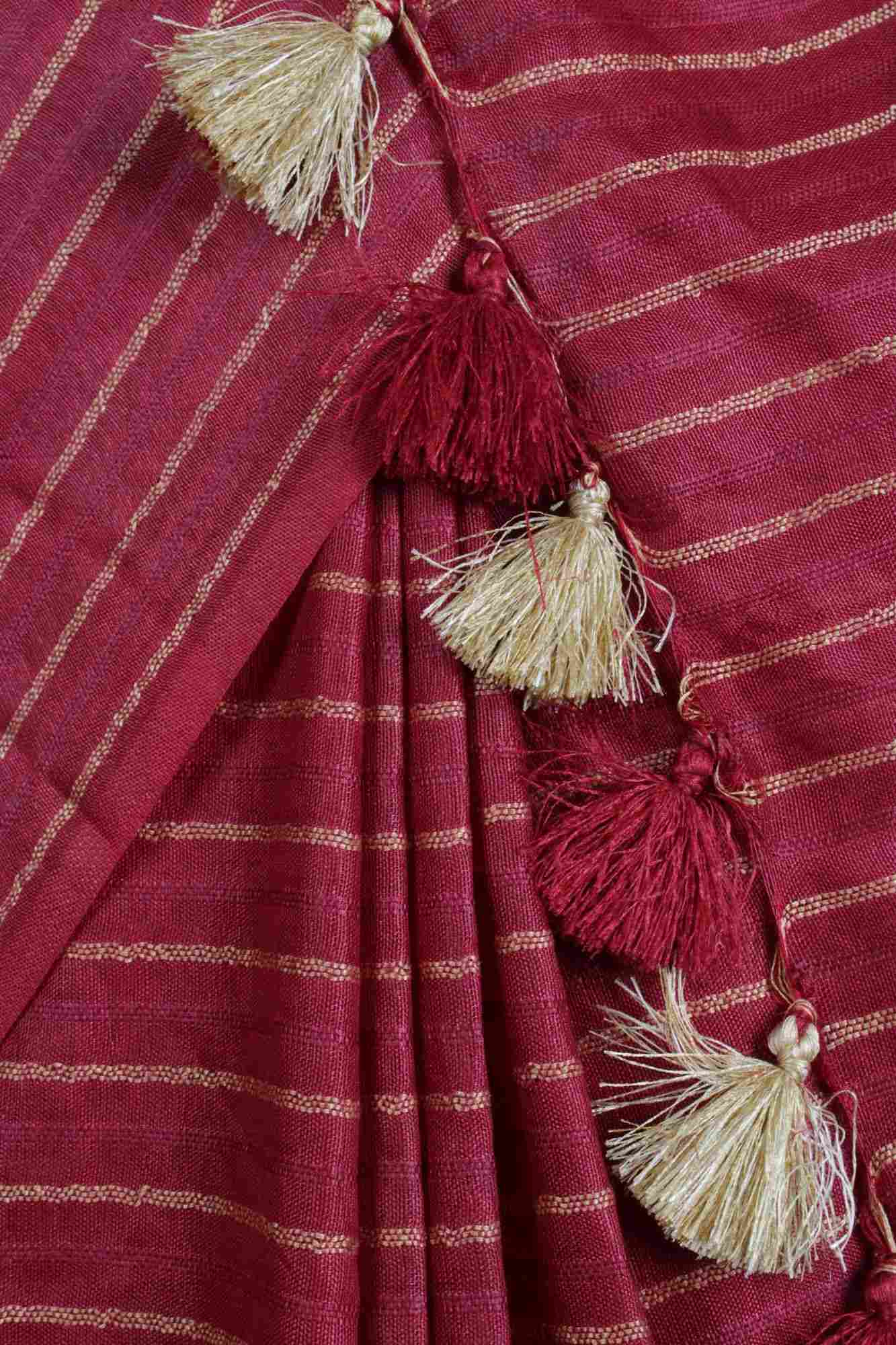 Maroonish Crimson Silk Resham Weaving all over Wrap in 1 minute saree - Image 6