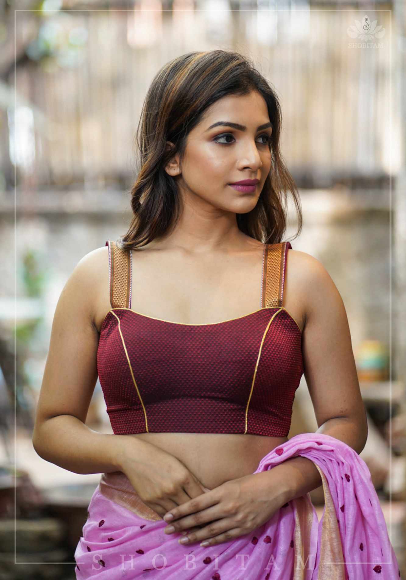 Maroon khana silk sweet heart strappy blouse - Image 3