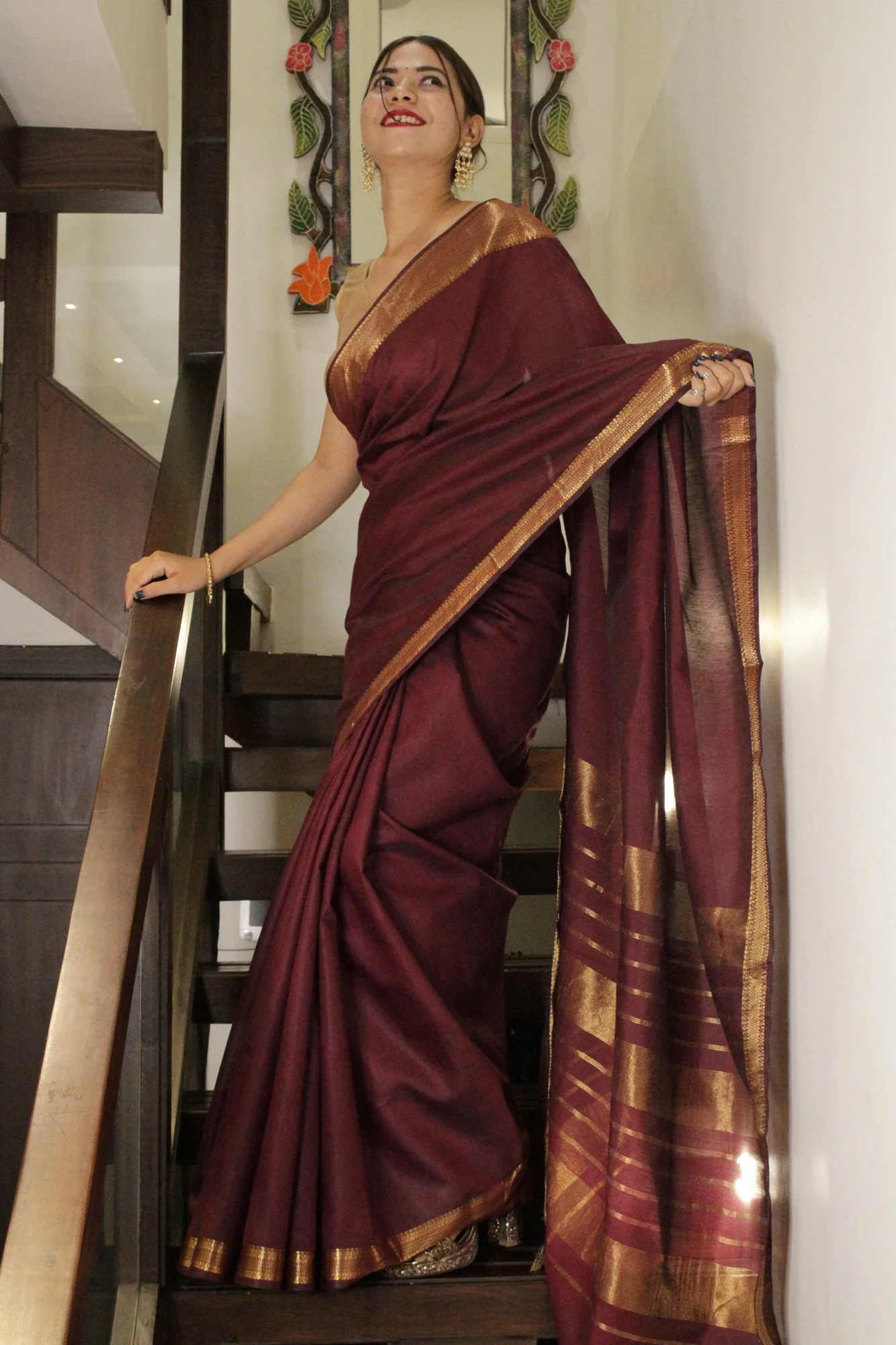 Maroon Manglagiri Copper Wrap In One Minute Saree - Image 3