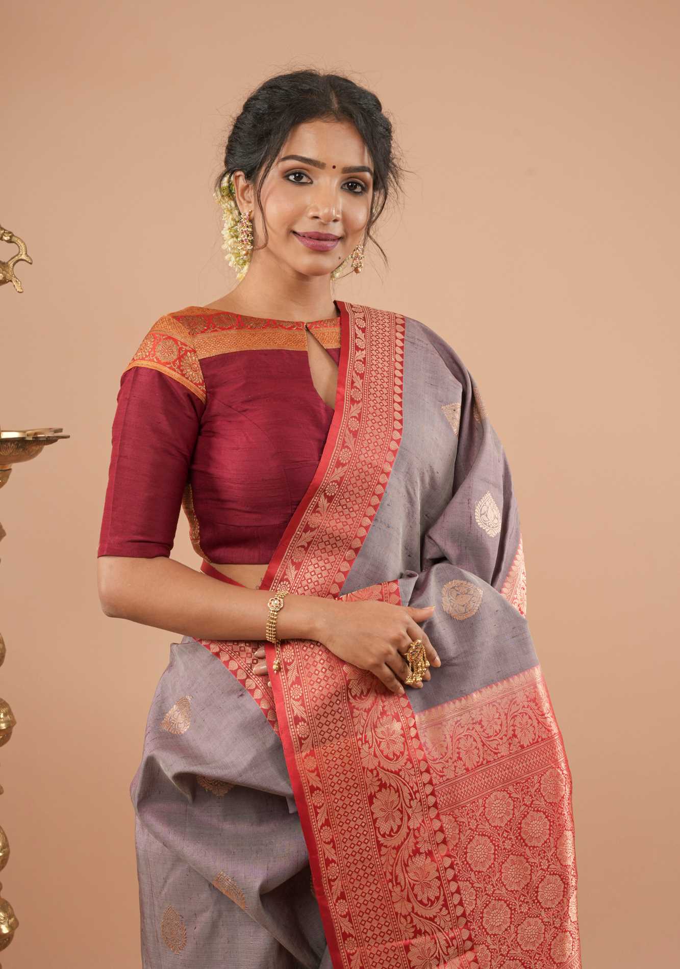 Maroon Pure Raw Silk Blouse With Antique Tone Zari Panel - Image 2