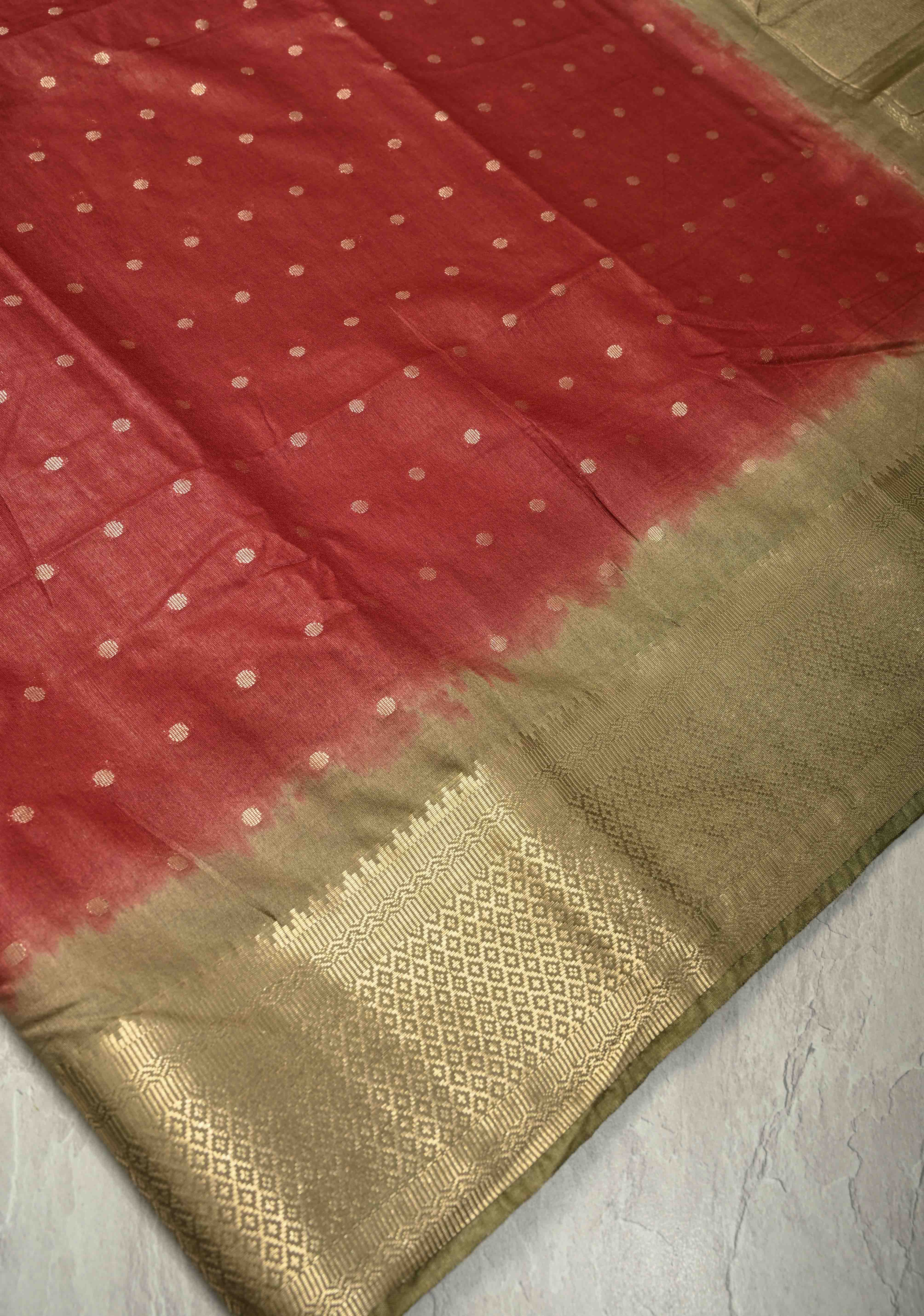 Maroon Semi Tussar Saree with Zari Polka Dots and Contrast Zari Border | Shobitam - Image 4