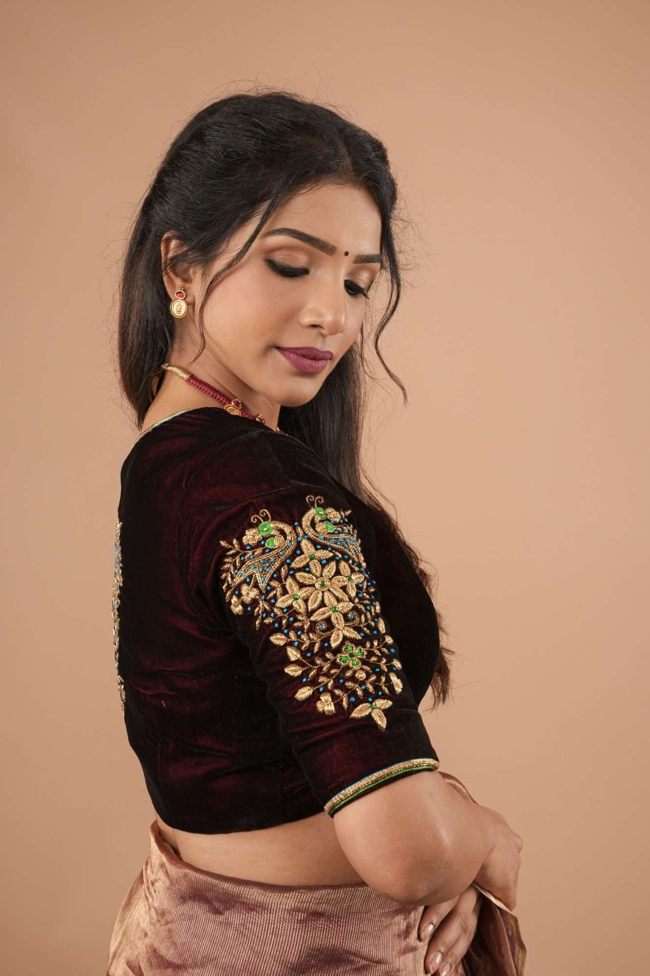 Maroon Velvet Blouse with Zardosi Work,  Mix and Match Blouse for saree, Made to Order - Image 2