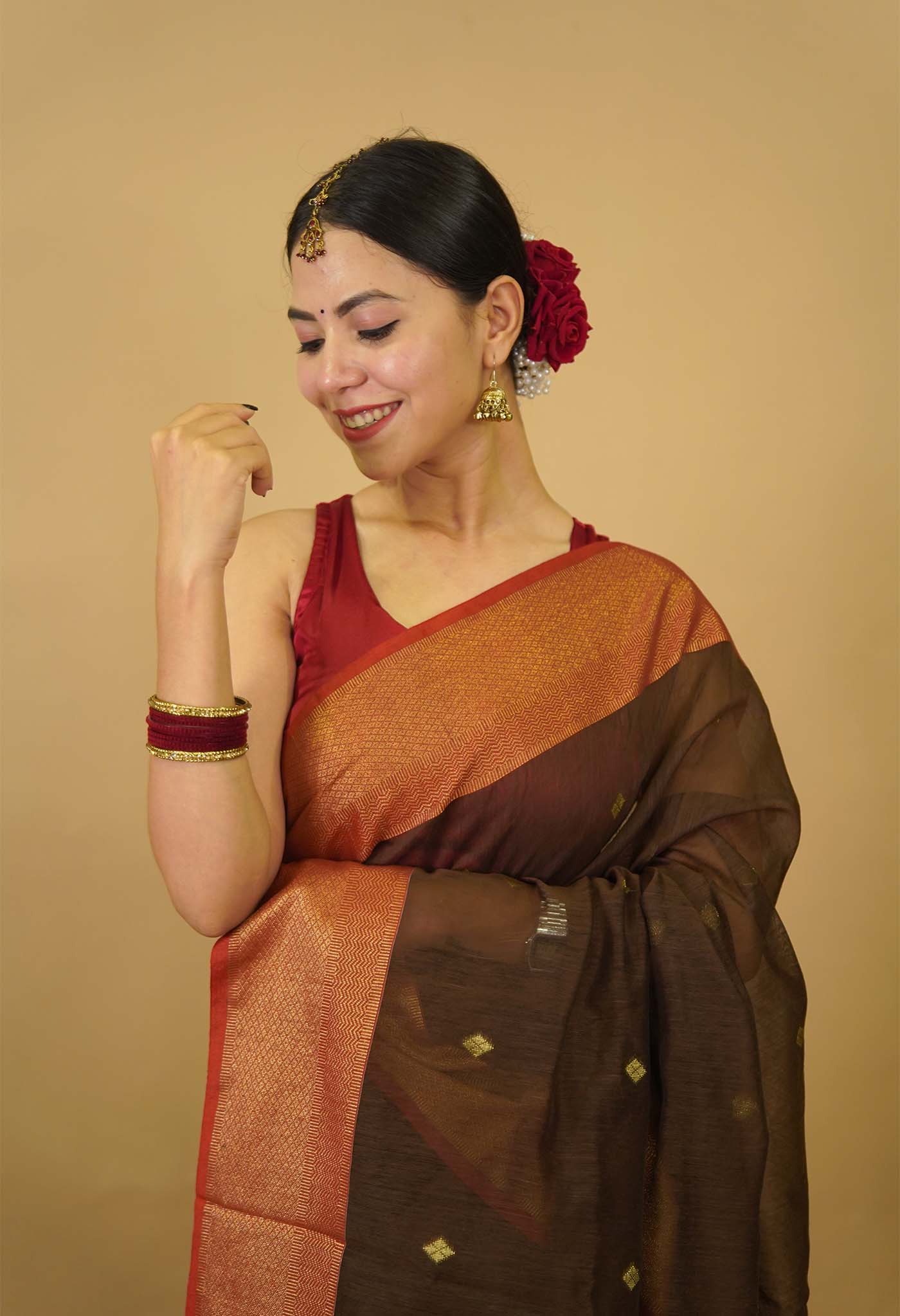Marooon Palla Traditional Maheshwari Cotton Silk Zari Border Wrap in 1 minute saree - Image 7