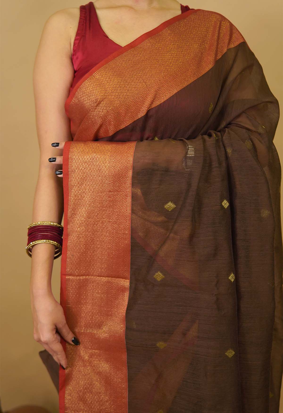 Marooon Palla Traditional Maheshwari Cotton Silk Zari Border Wrap in 1 minute saree - Image 9