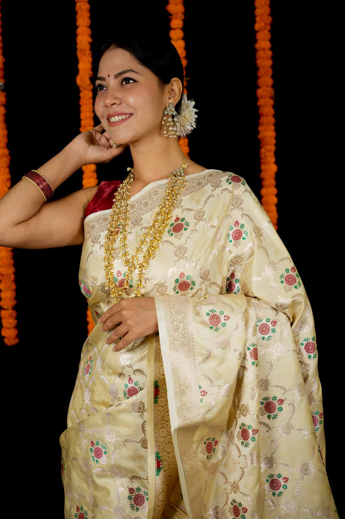 Mashru Silk with Intricate Zari Weave and Floral Motifs Ready To Wear Saree - Image 2