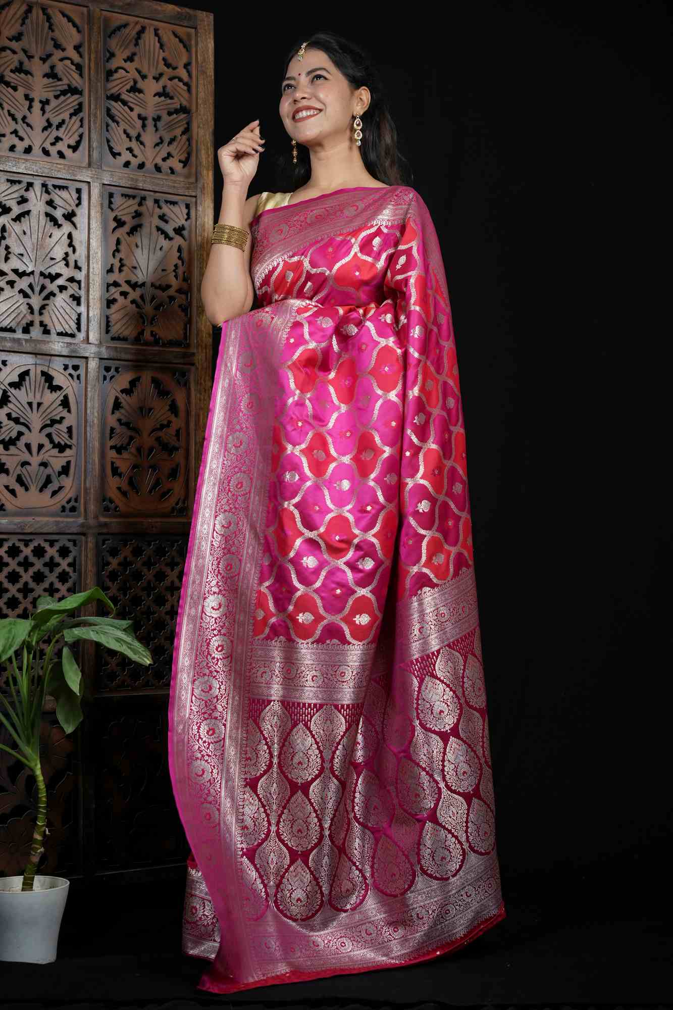 Mashru Silk with Intricate Zari Weaving and Floral Jaal Design Ready To Wear Saree - Image 6