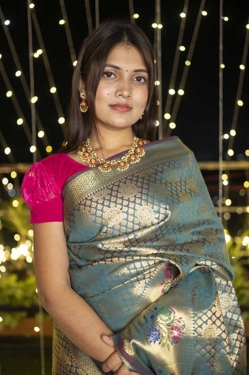 Mehendi green dhoop chaanv banarasi meenkari border stitched pleated wrap in 1 minute saree - Image 14