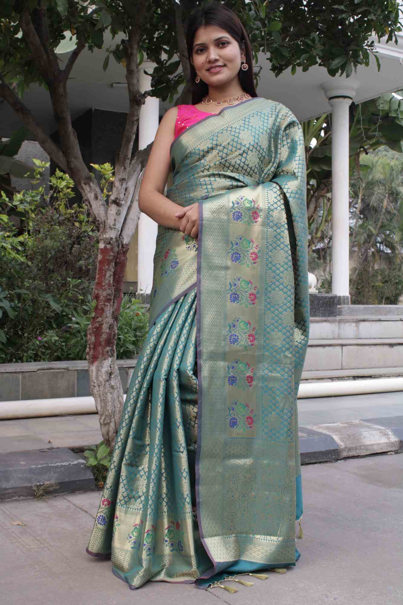 Mehendi green dhoop chaanv banarasi meenkari border stitched pleated wrap in 1 minute saree - Image 7