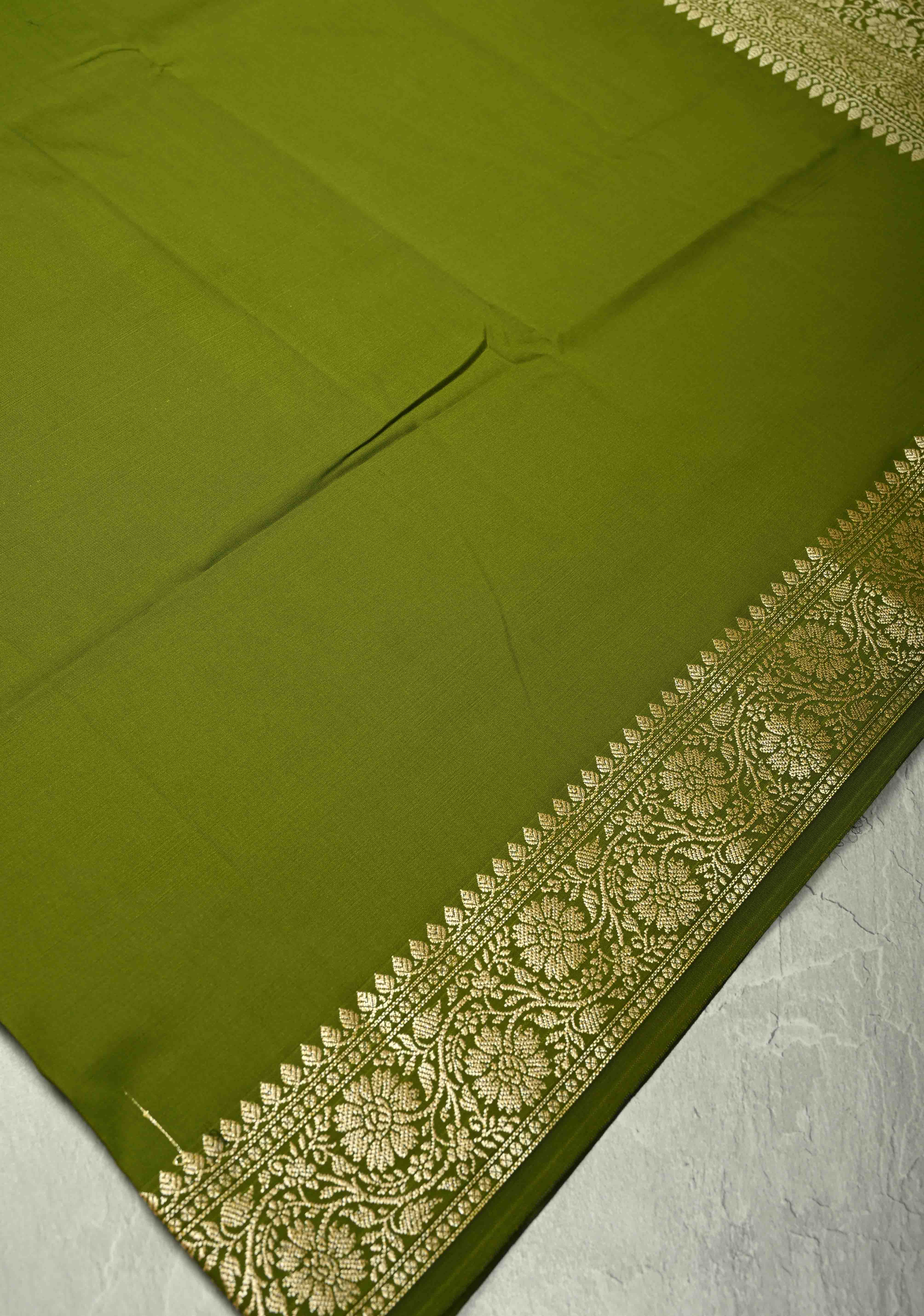Mehendi Green Semi Silk Saree with Floral Zari Border and Brocade Blouse Piece | Shobitam - Image 4