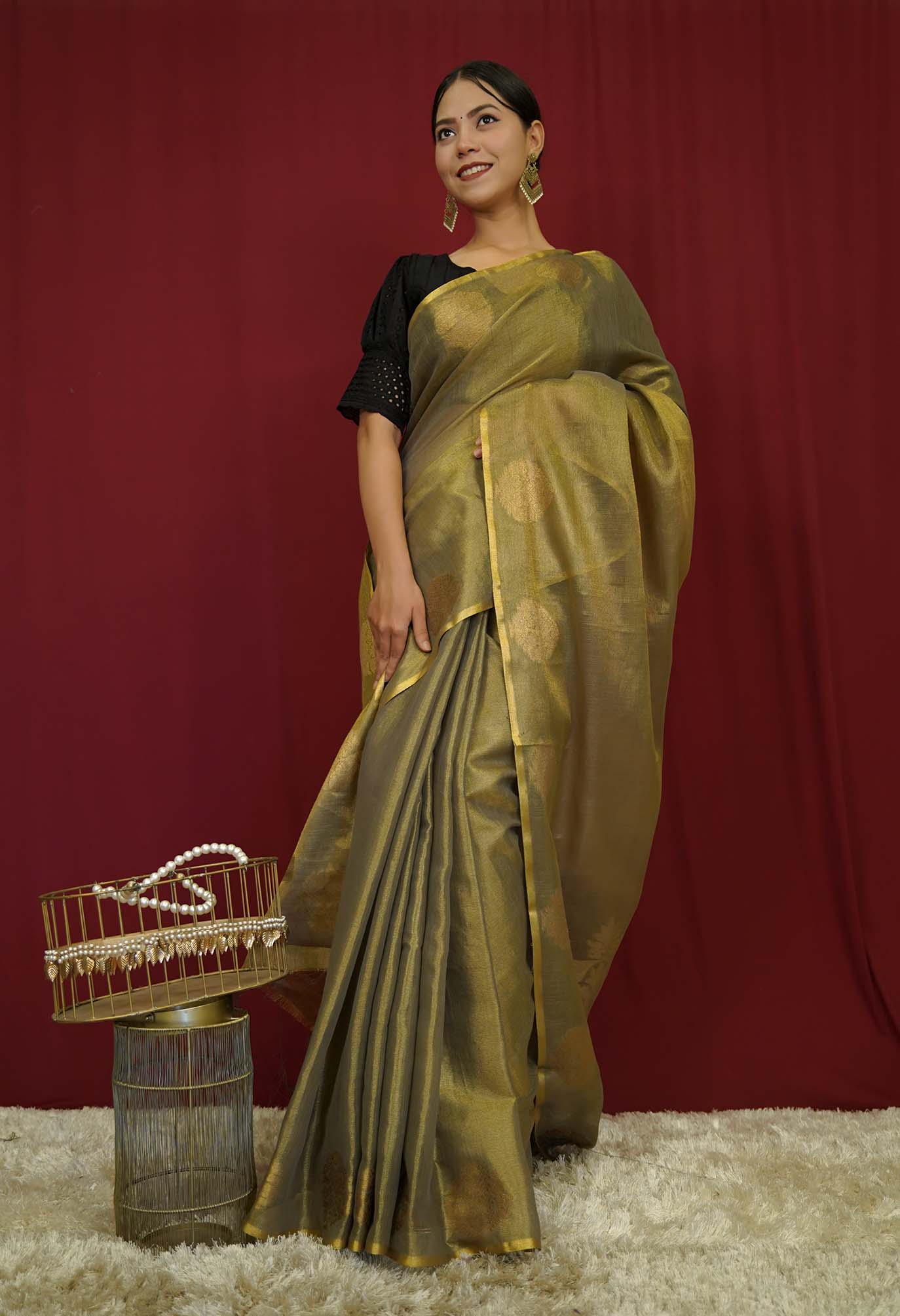 Mehndi Green Dhoop Chaav Tissue Silk  With Beautiful  Zari Ornate Pallu Wrap In One Minute saree - Image 3