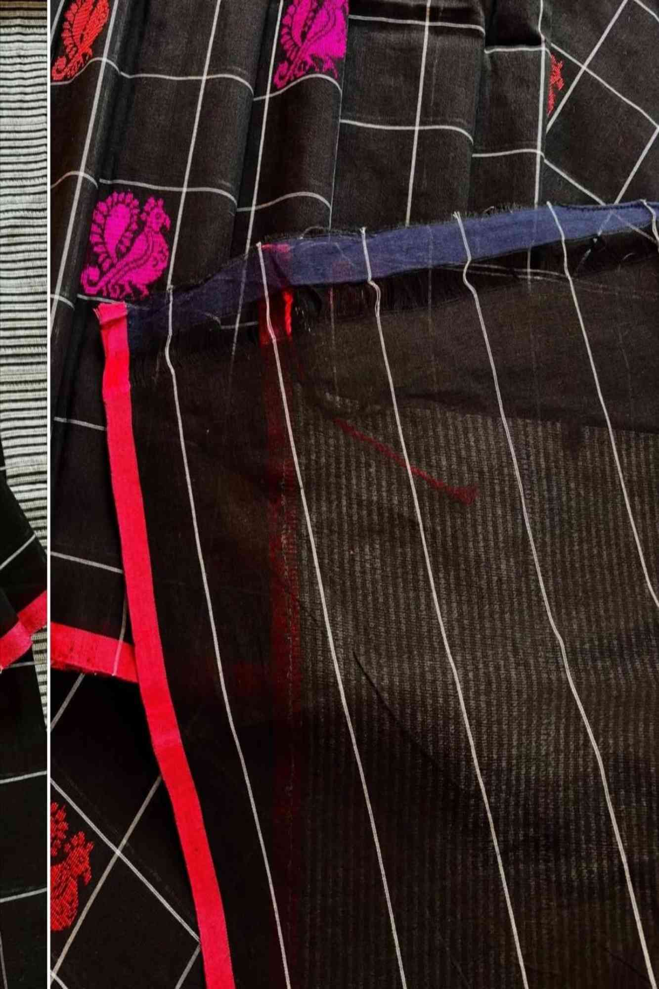 Mercerized Cotton Black with Pink Floral Buti & Striped Border Ready To Wear Saree - Image 5