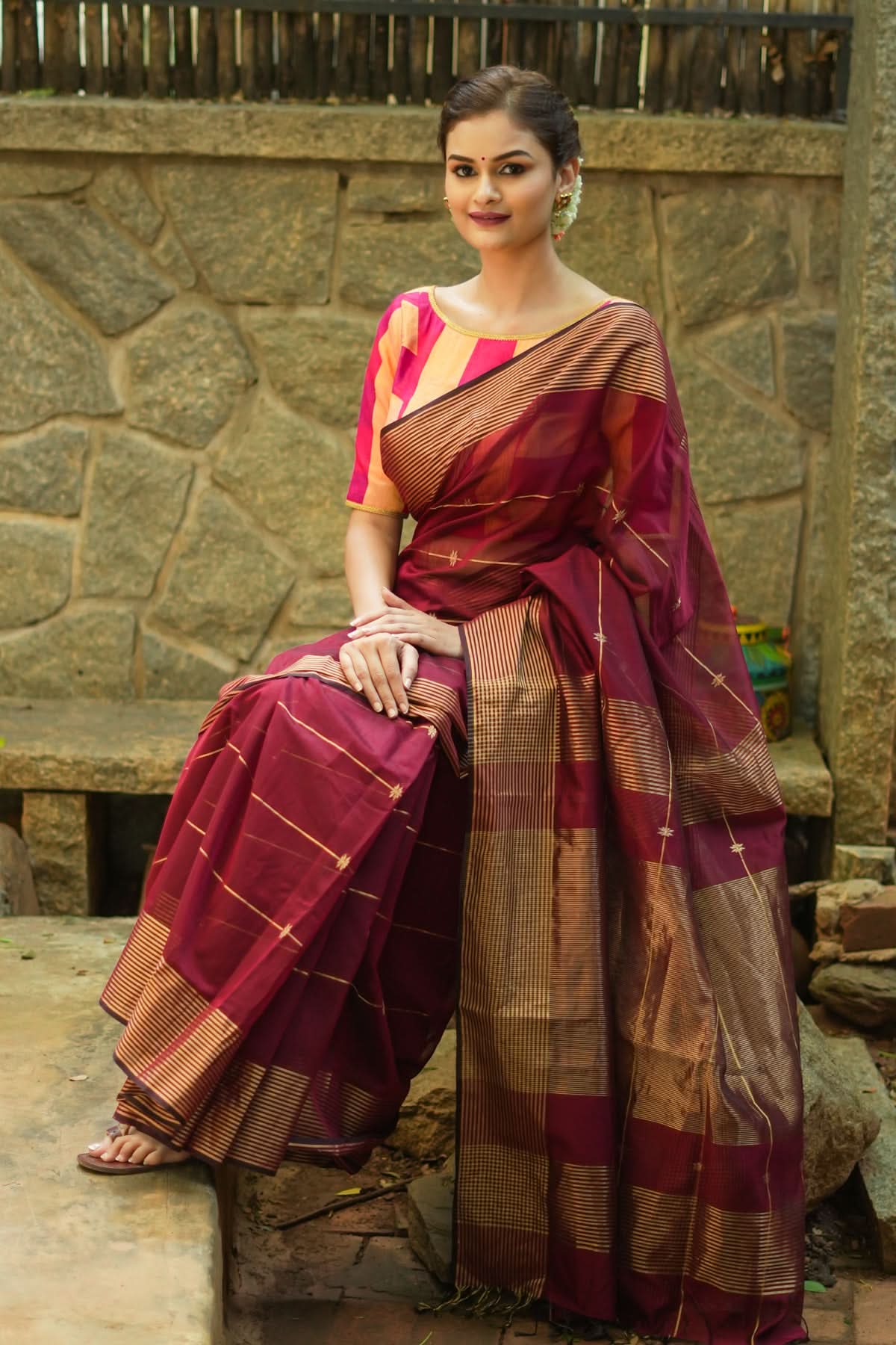 Maheshwari Silk Cotton Saree in Maroon with Stripes and Buttas | Shobitam - Image 2