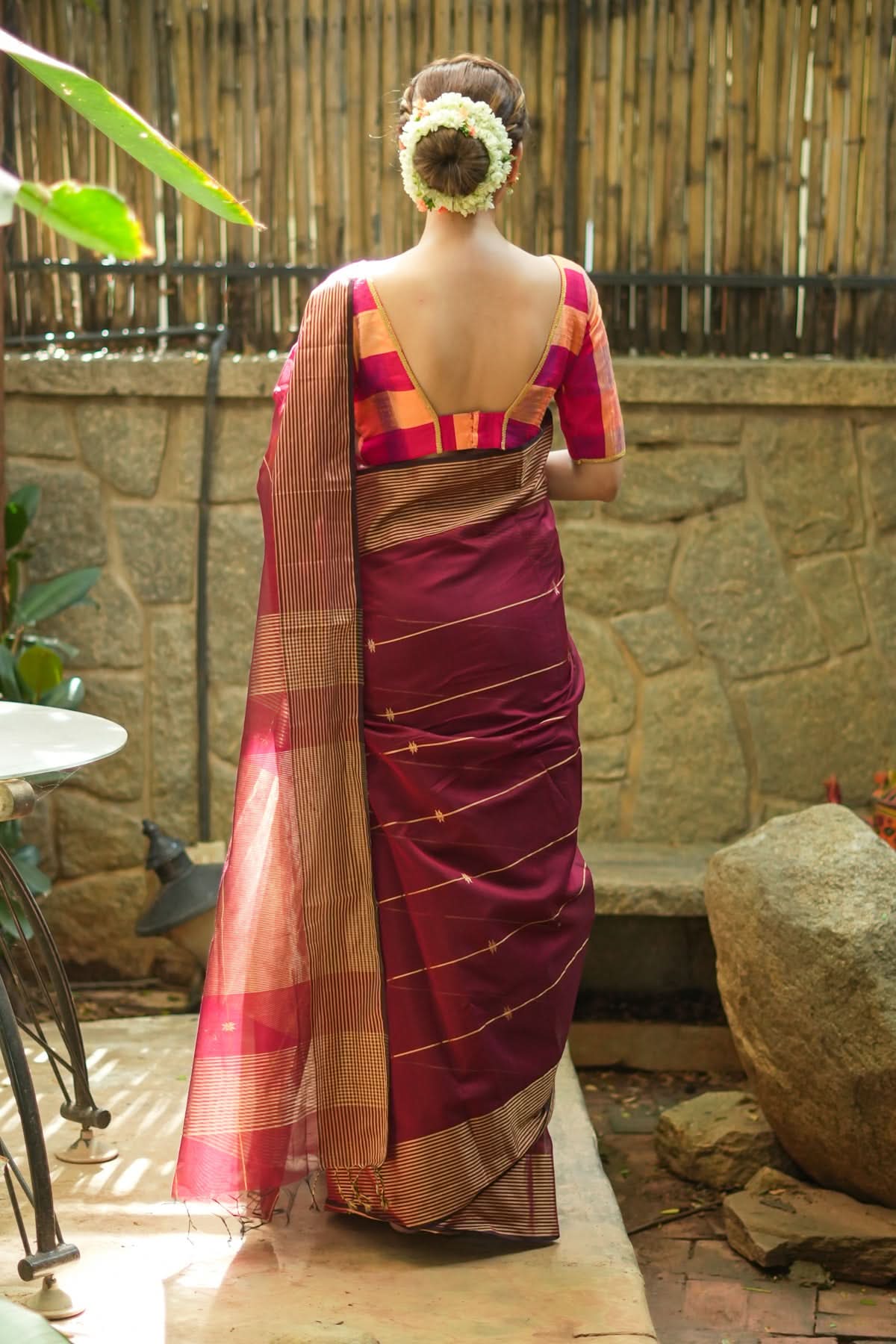 Maheshwari Silk Cotton Saree in Maroon with Stripes and Buttas | Shobitam - Image 5
