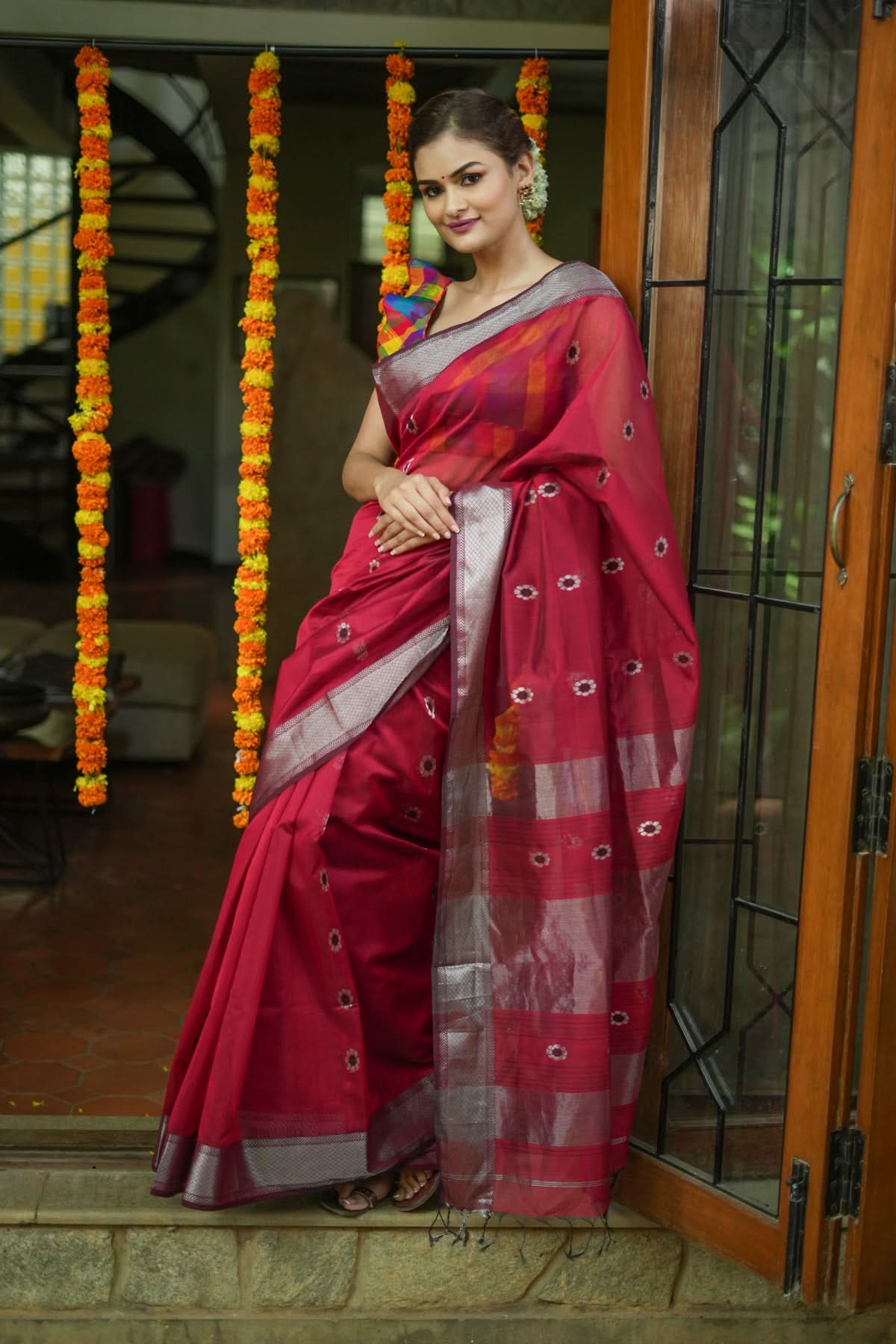 Exquisite Meenakari Handwoven Maheshwari Silk Cotton Saree in Red with meenakari buttas | Shobitam - Image 2