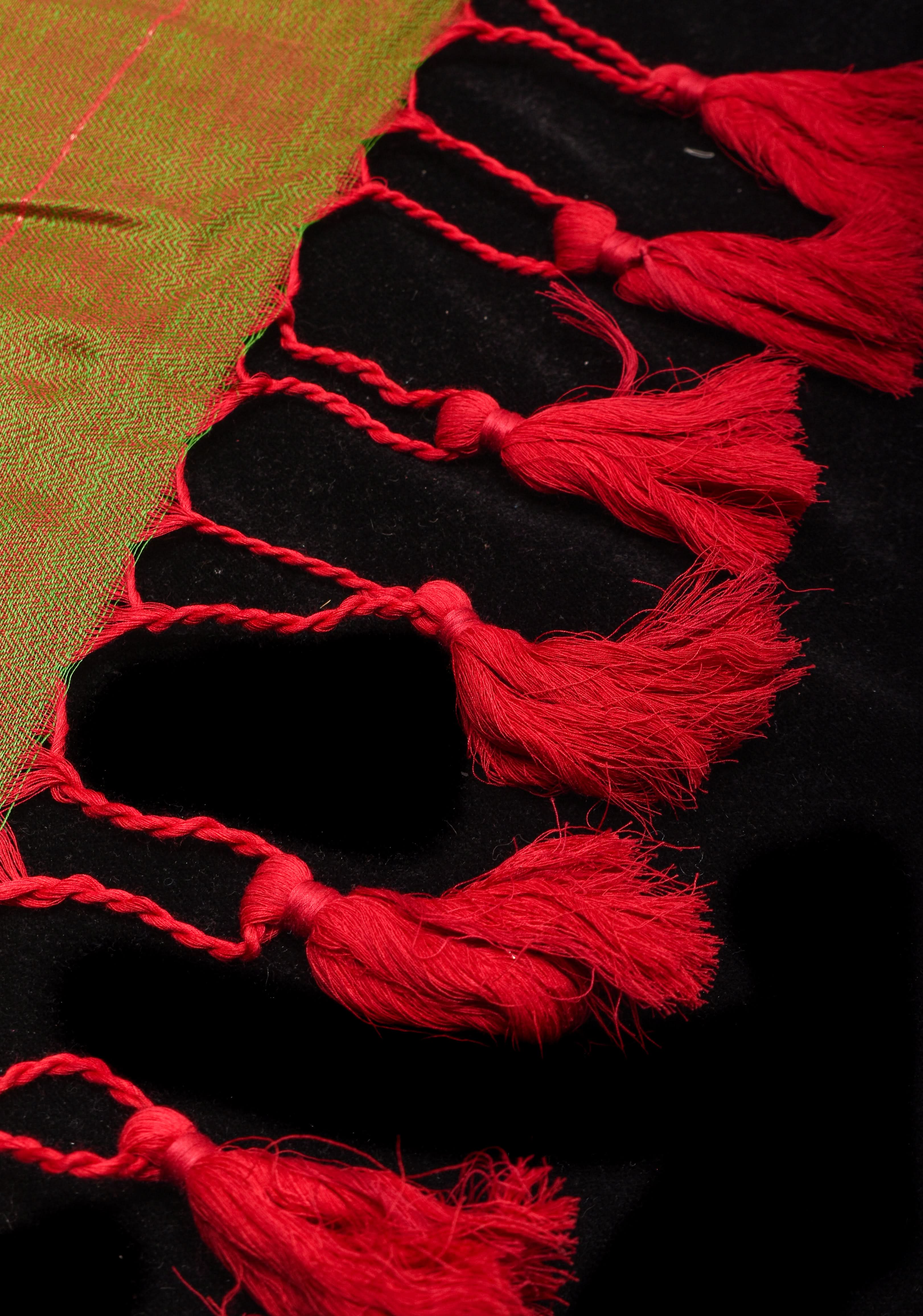 Green and Red Dual tone Handwoven Maheshwari Silk Cotton Saree with Zari Stripes | Shobitam - Image 6
