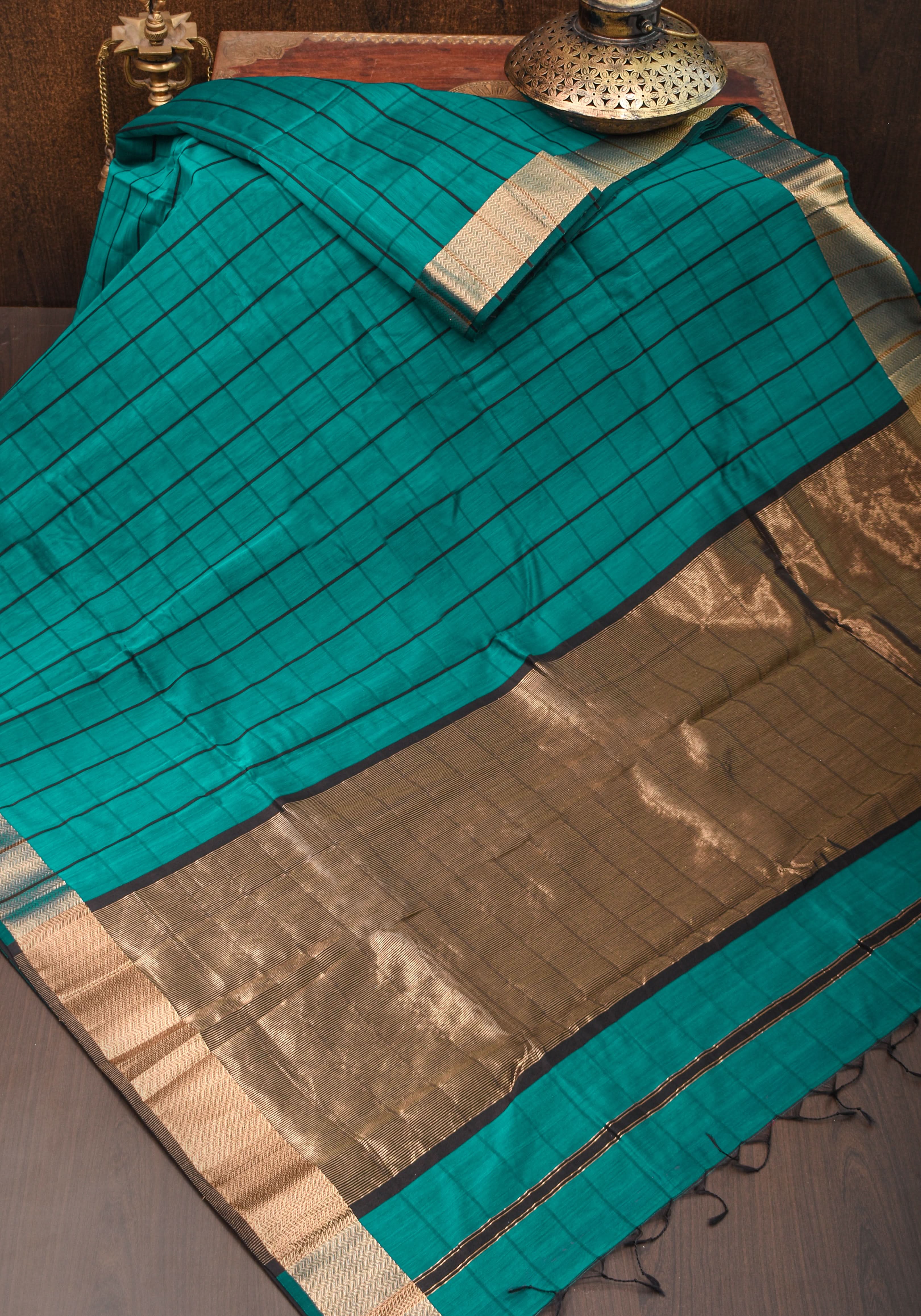 Handwoven Maheshwari Silk Cotton Saree  in Teal and Gold  with checks | Shobitam
