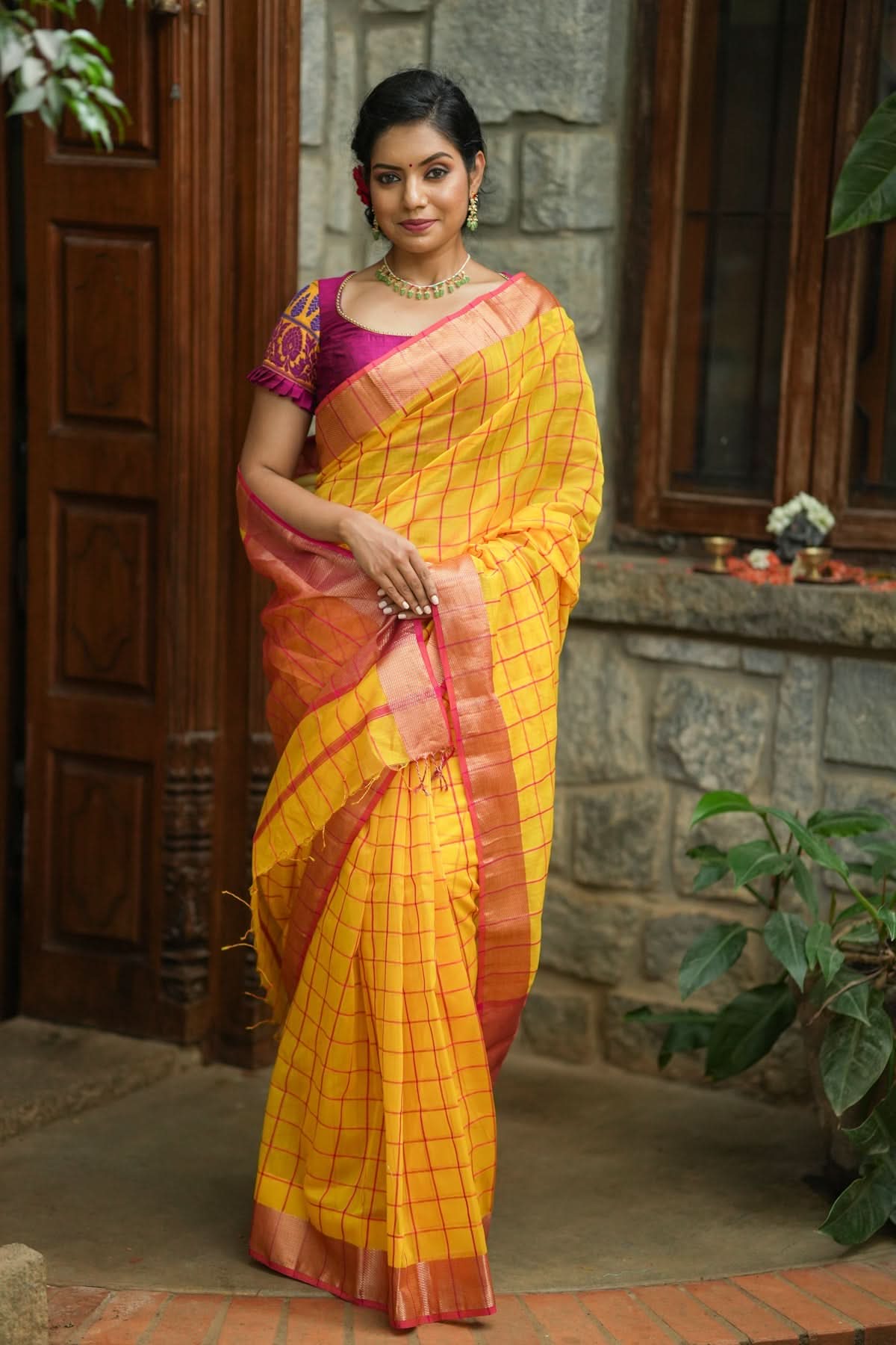 Handwoven Maheshwari Silk Cotton Saree  in Yellow and Gold with checks | Shobitam - Image 2