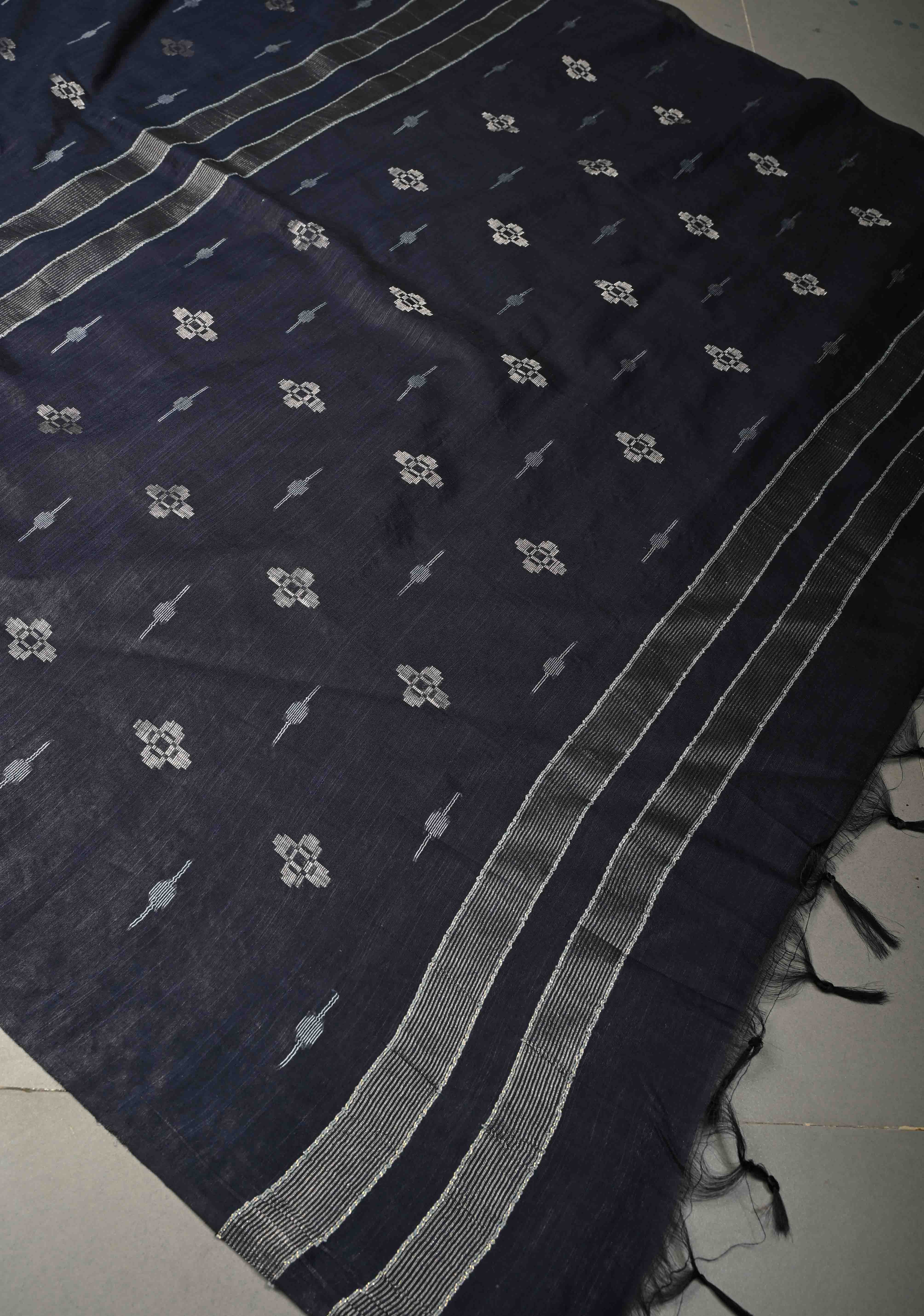 Midnight Blue Borderless Semi Tussar Saree with Thread and Zari Buttas | Shobitam - Image 6