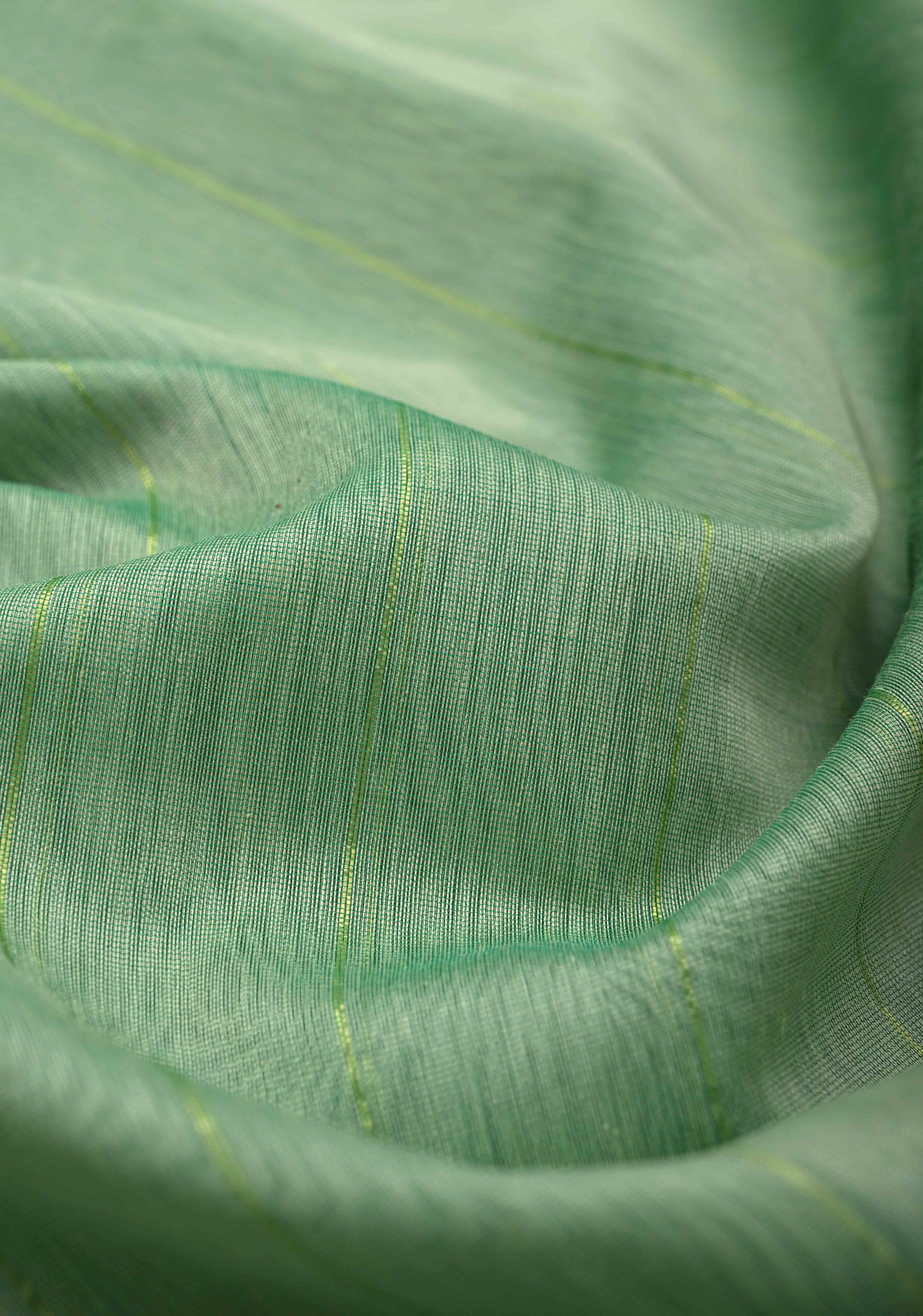 Mint Green Handwoven Maheshwari Silk Cotton Saree with Muted Stripes And Zari Border | Shobitam - Image 3