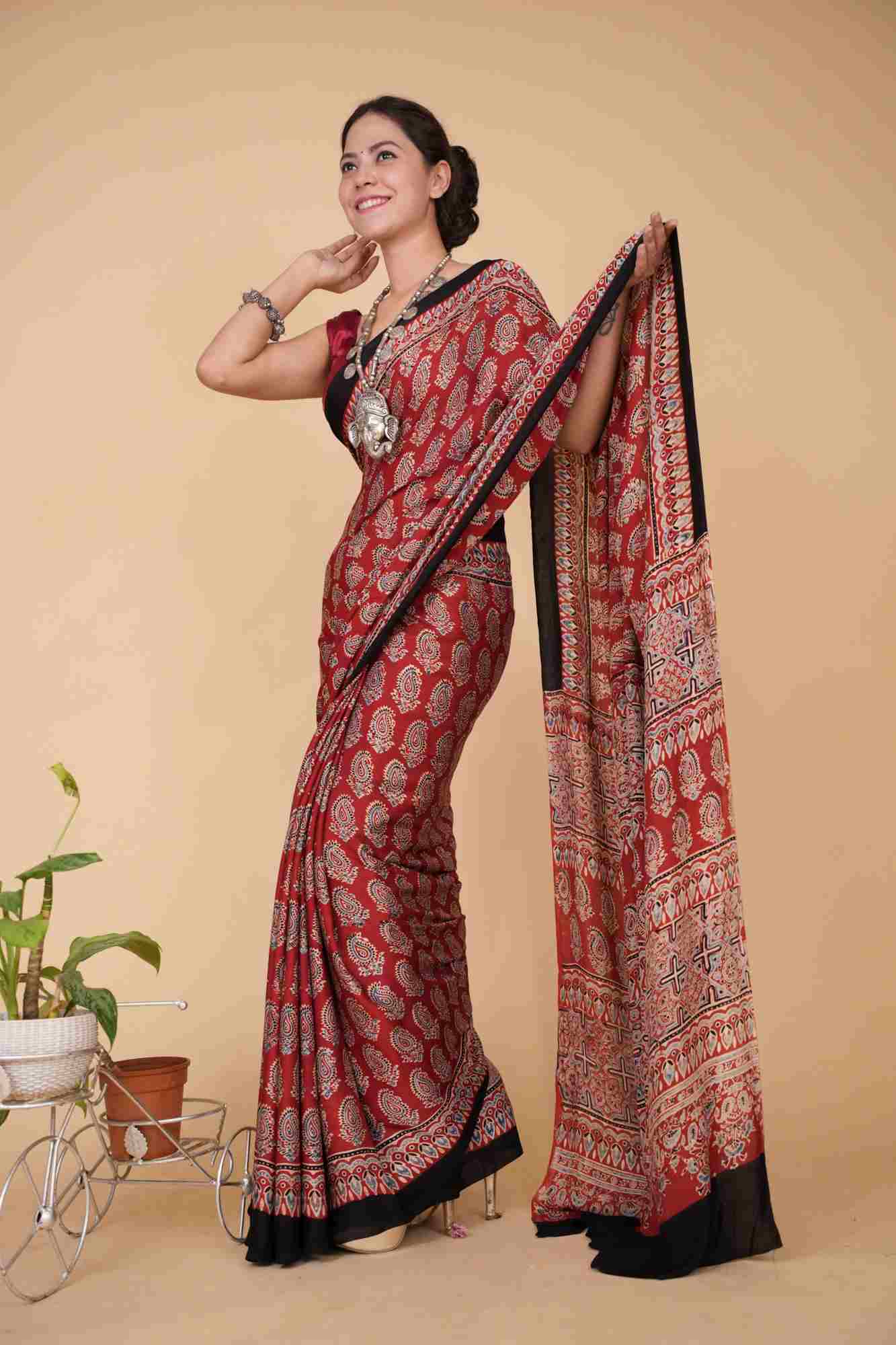 Modal Silk Overall Ajrakh Hand Block Printed With Black Solid Border Wrap In One Minute Saree - Image 2