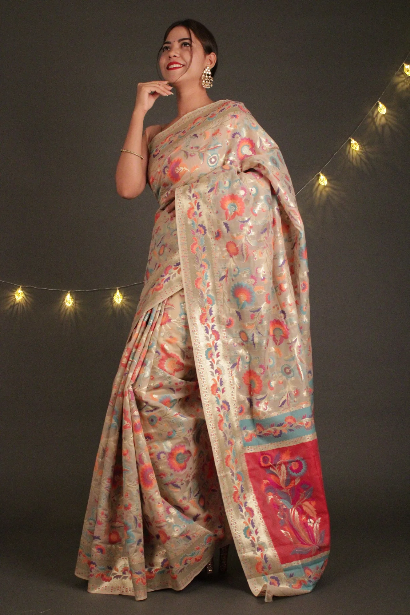 Modal Woven pashmina weave on art silk Wrap in 1 minute saree