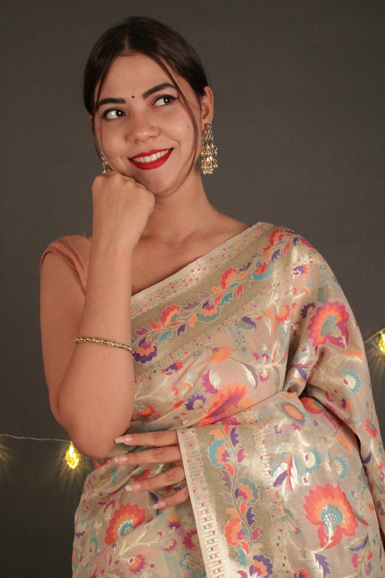 Modal Woven pashmina weave on art silk Wrap in 1 minute saree - Image 4