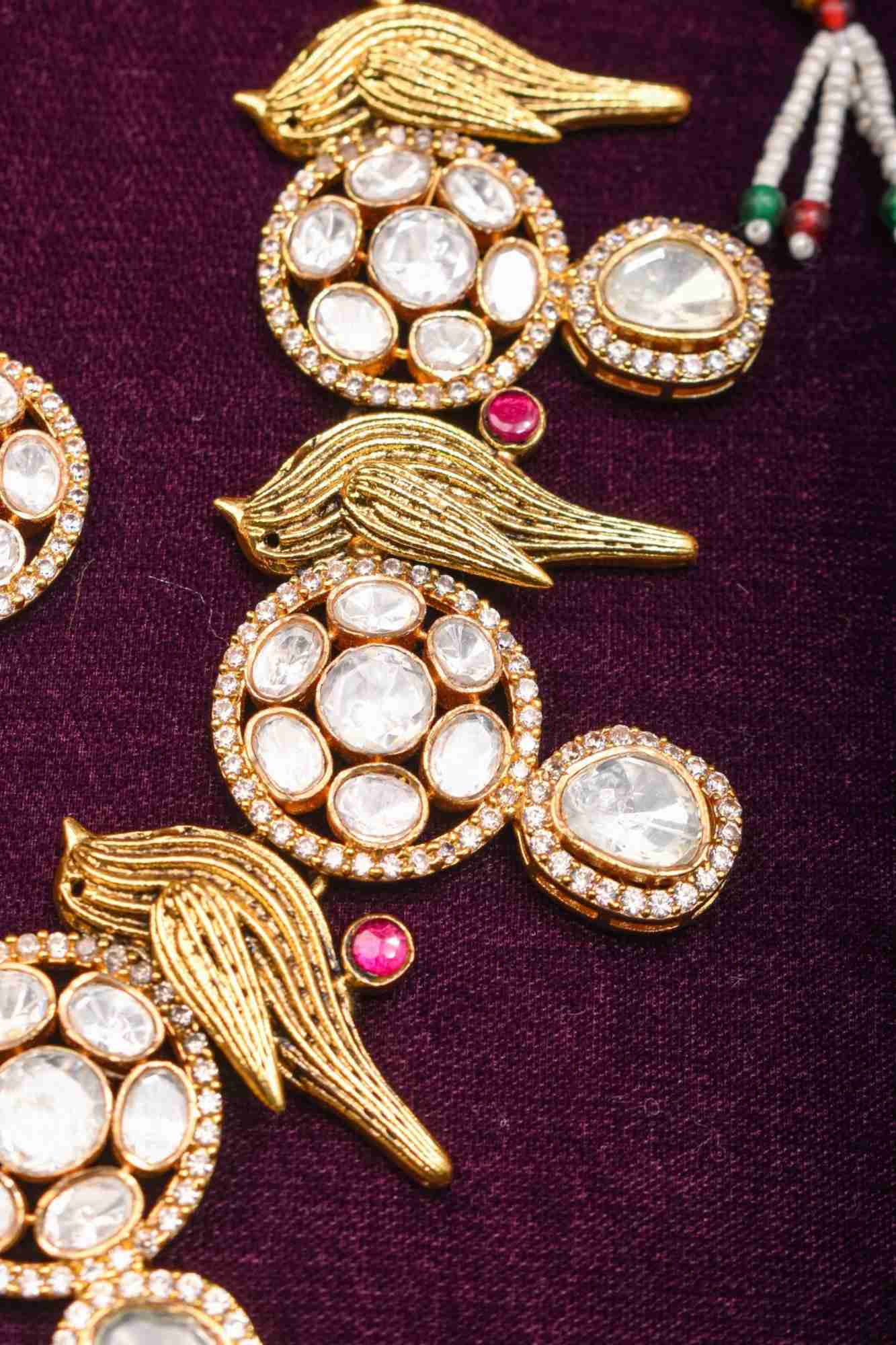 Moissanite Mandalas and Flying Sparrows - Exquisite Dull Gold Tone Necklace and earrings set - Image 5