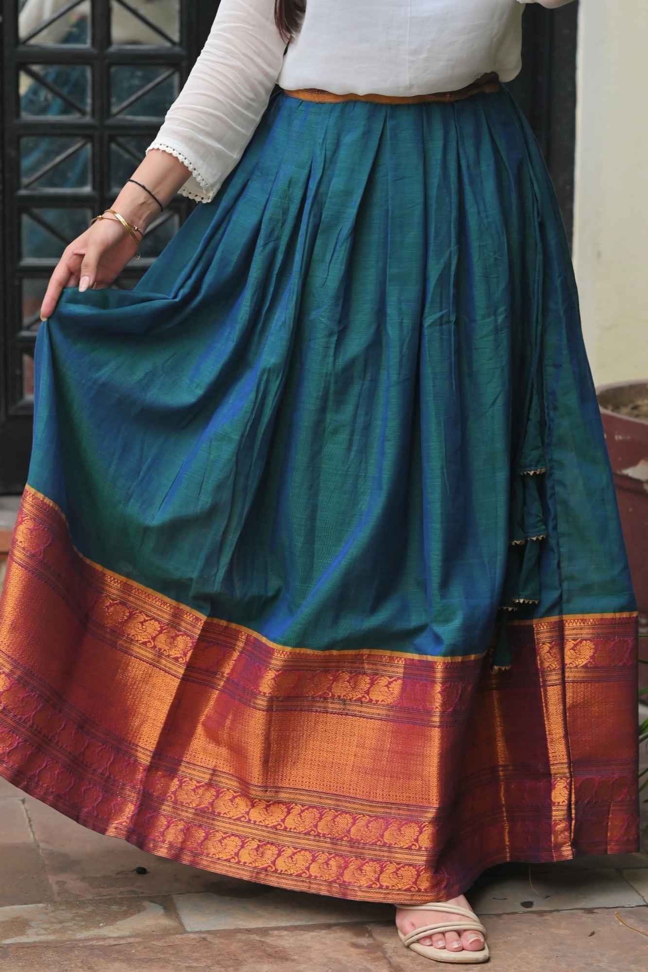 Moor Hues - Peacock Blue Green Pleated skirt with White Georgette Top | Made To Order - Image 5