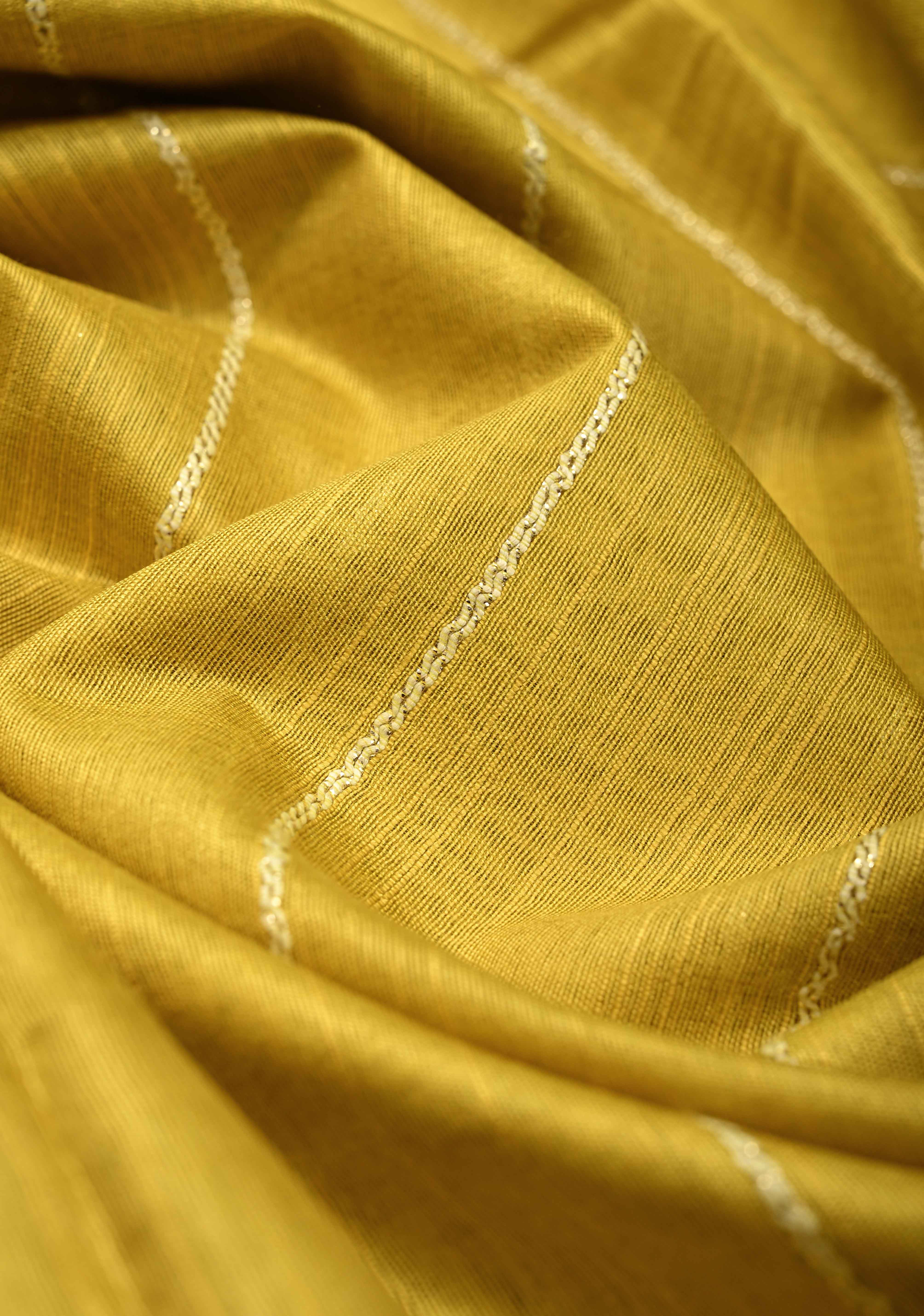 Moss Green Borderless Semi Tussar Saree with Thread-Zari Horizontal Stripes and Contrast Pallu | Shobitam - Image 3
