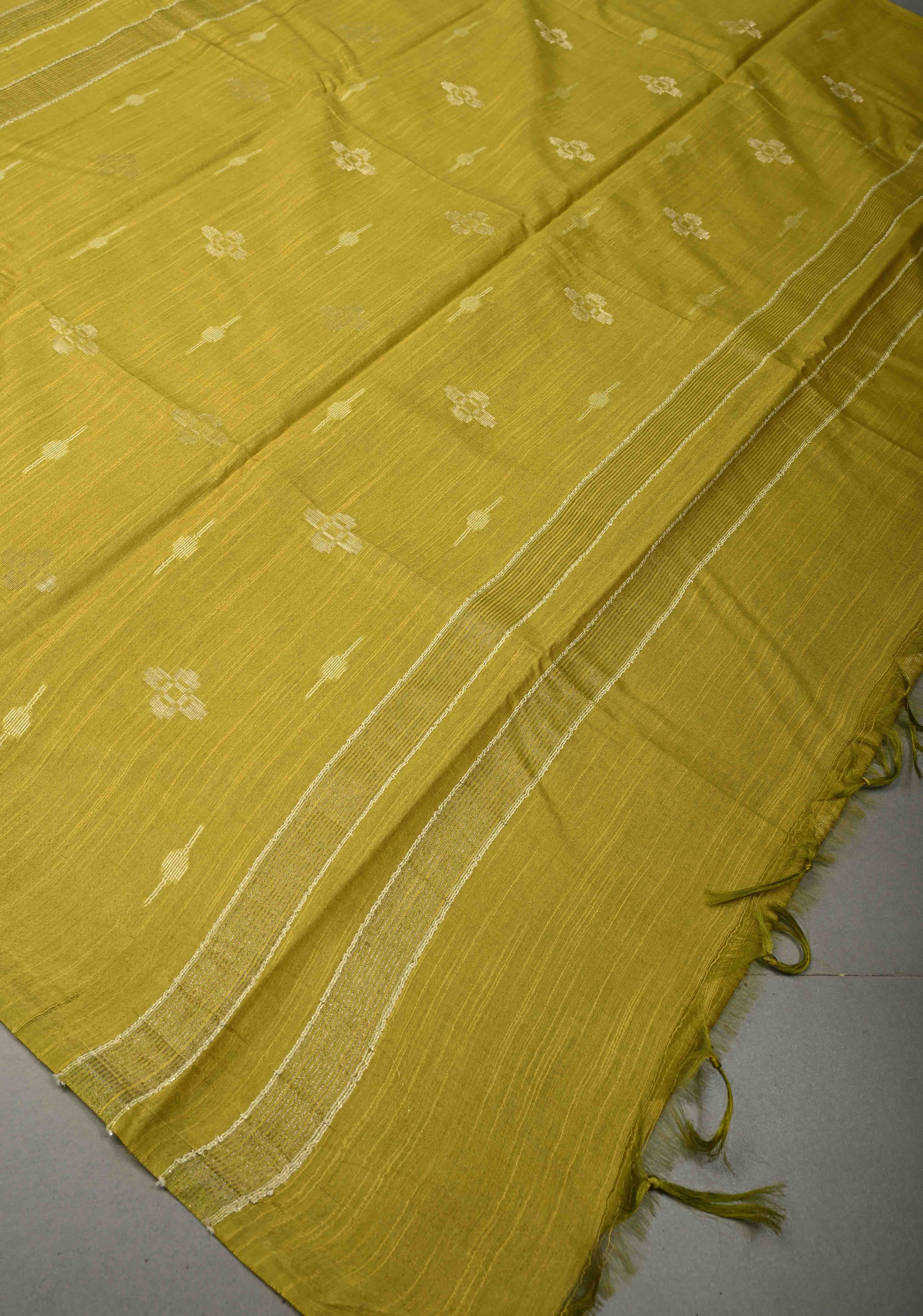 Moss Green Borderless Semi Tussar Saree with Zari and Thread Buttas | Shobitam - Image 6