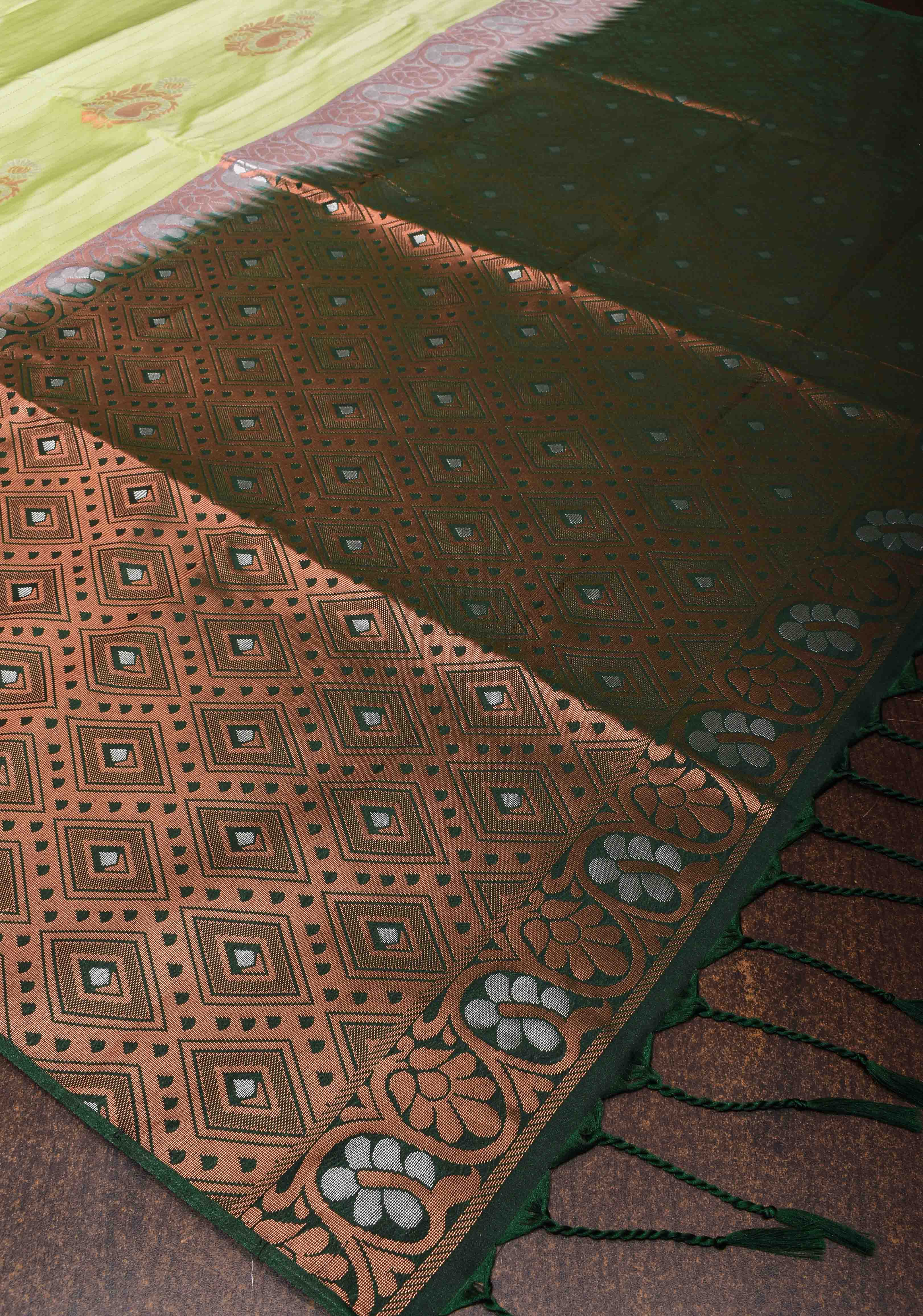 Tea Green Borderless Semi Silk Saree with Zari Stripes and Alfi Paisley Motifs | Shobitam - Image 6