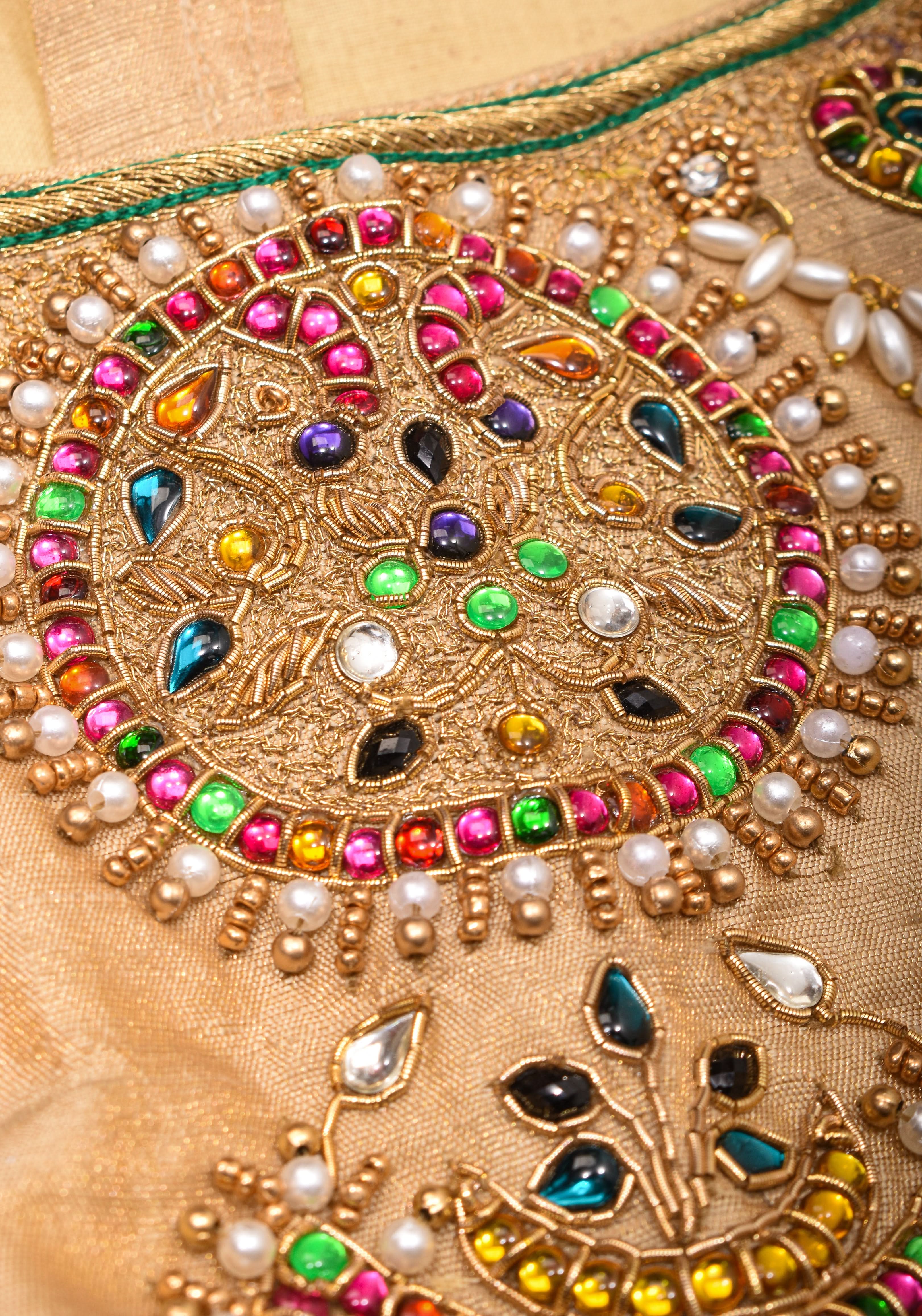 Sandalwood Color Pure Raw Silk Tissue Blouse with multicolor stone Necklace and Bajuband Handwork,  Made to Order | Shobitam - Image 7