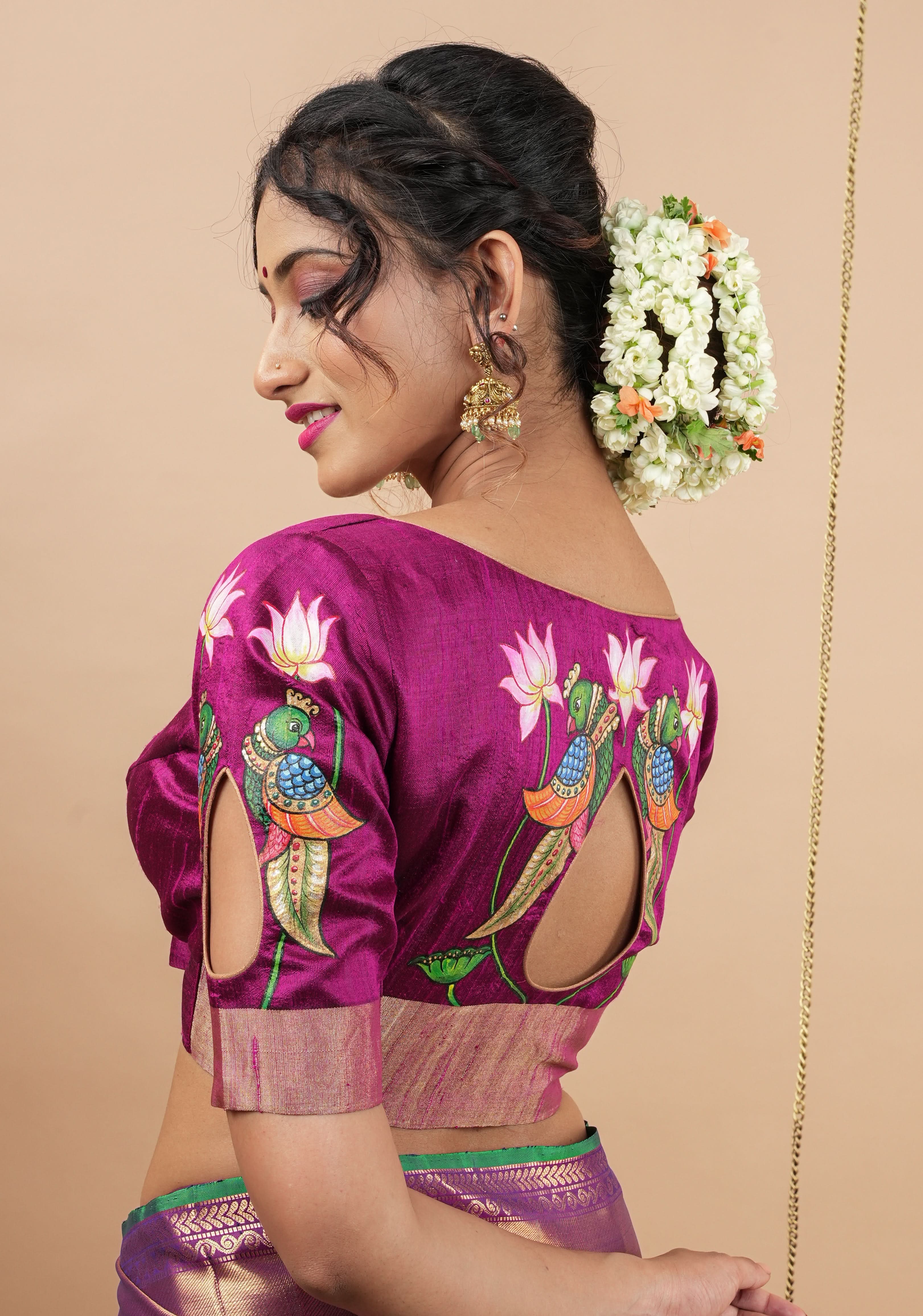 Tanjore Parrots - Pure Raw silk blouse with Handpainting and cutout design, Made to Order | Shobitam - Image 4
