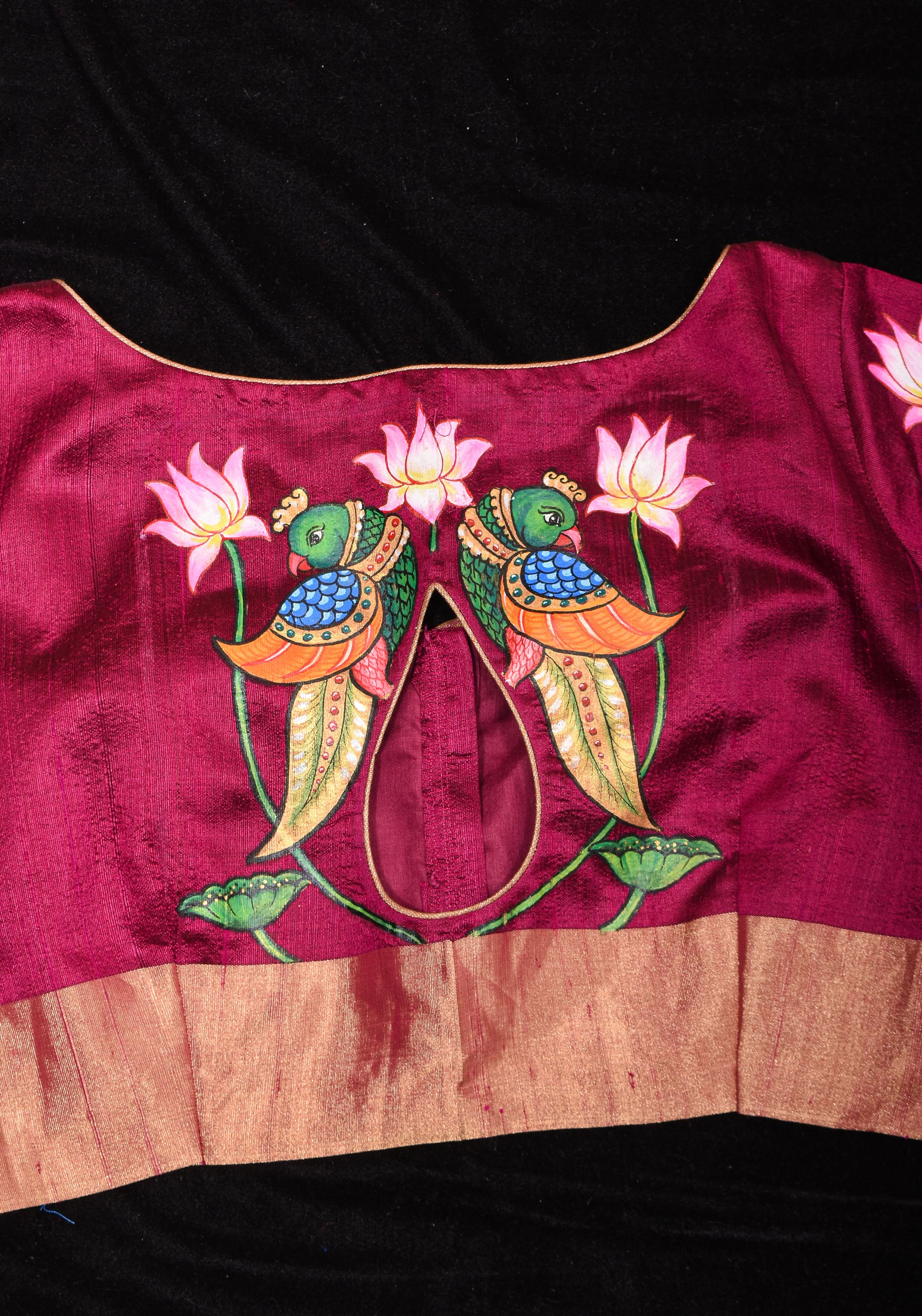 Tanjore Parrots - Pure Raw silk blouse with Handpainting and cutout design, Made to Order | Shobitam - Image 8