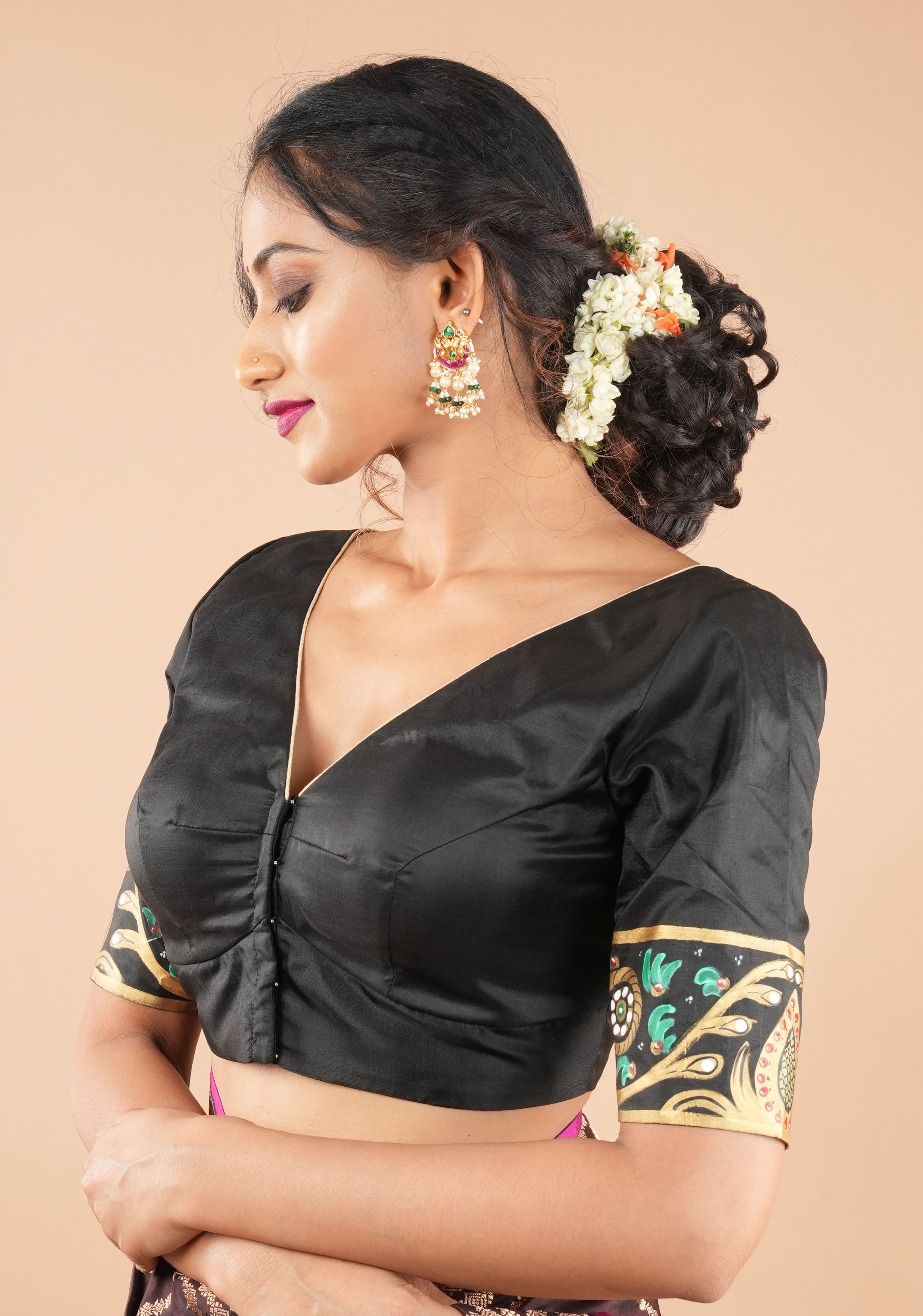 Tanjore Parrots - pure Silk blouse with Tanjore Style Hand painting, Color Customizable. | Shobitam - Image 2