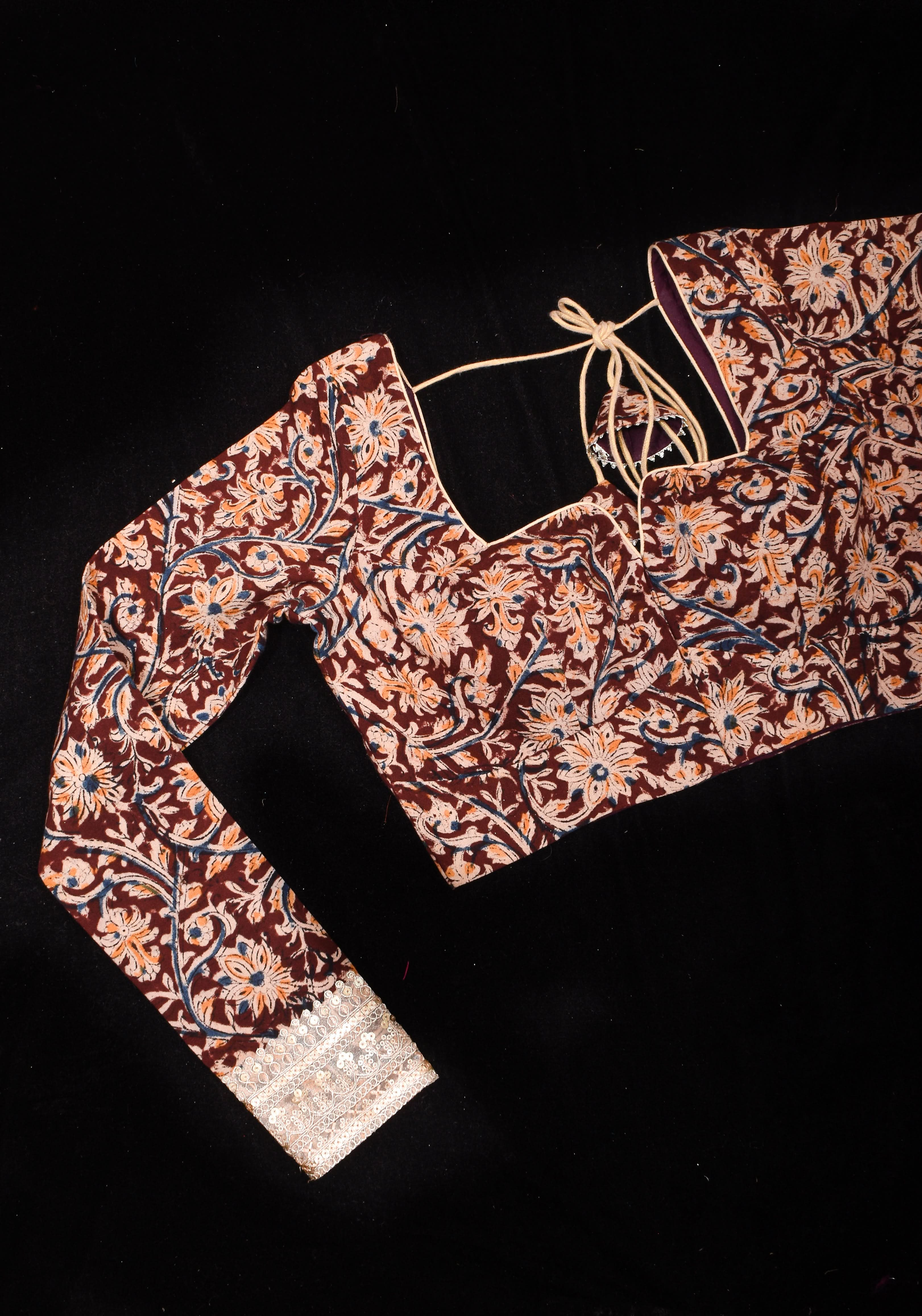 Kalamkari block print blouse with front slit design and full sleeves ,made to order | Shobitam - Image 9