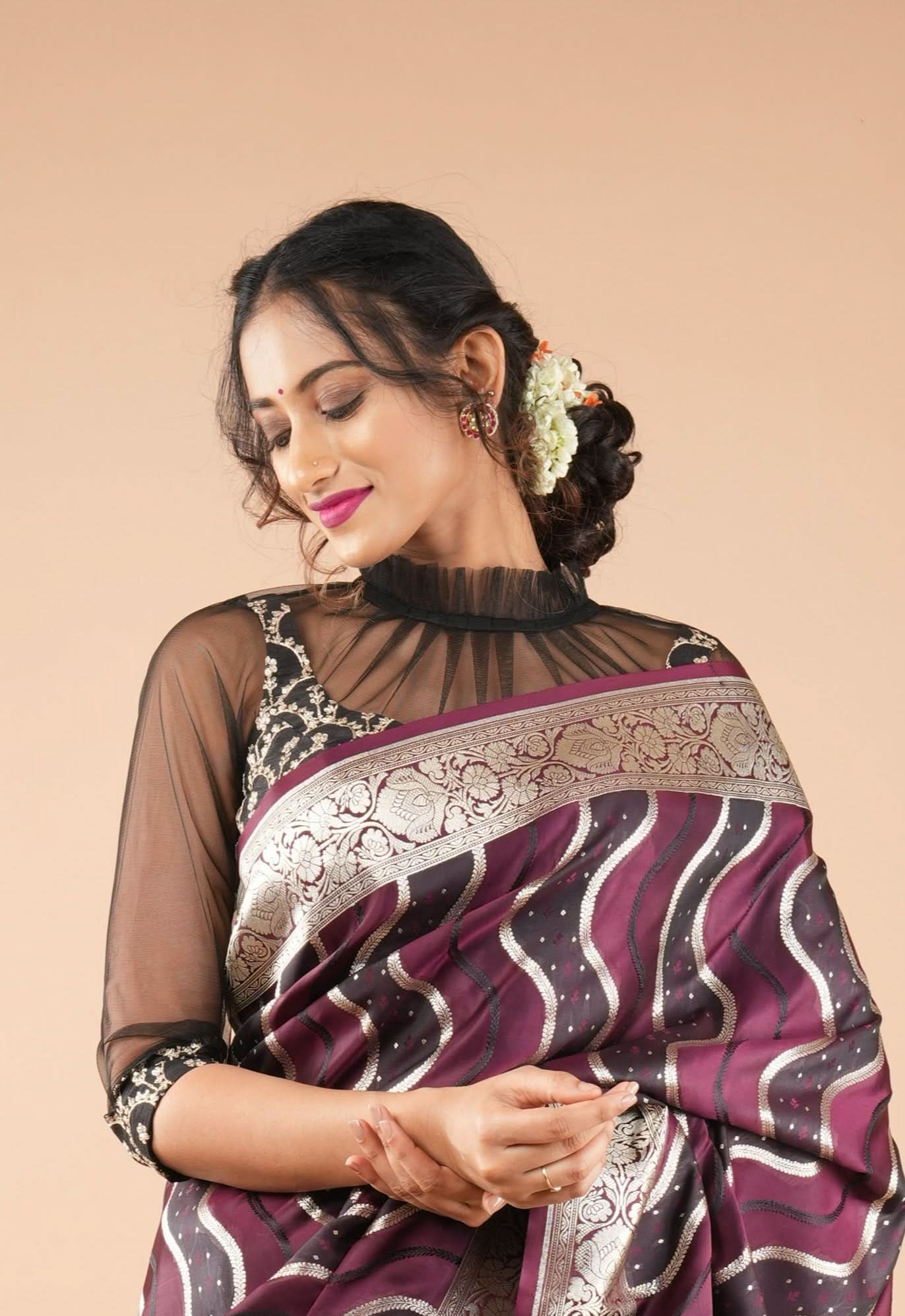 Black embroidered blouse with net gathered yoke and scalloped front base | Shobitam - Image 3