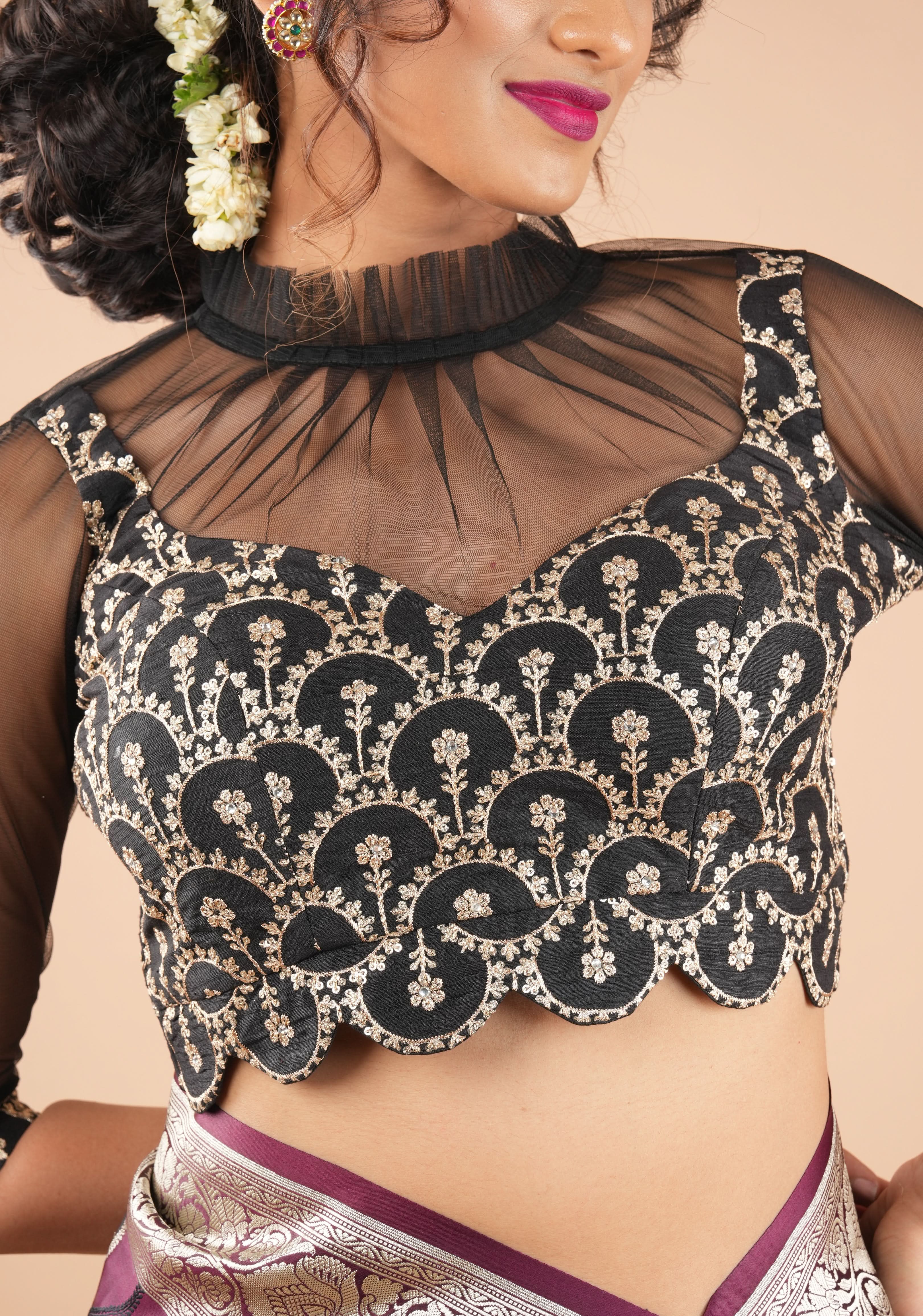 Black embroidered blouse with net gathered yoke and scalloped front base | Shobitam - Image 4