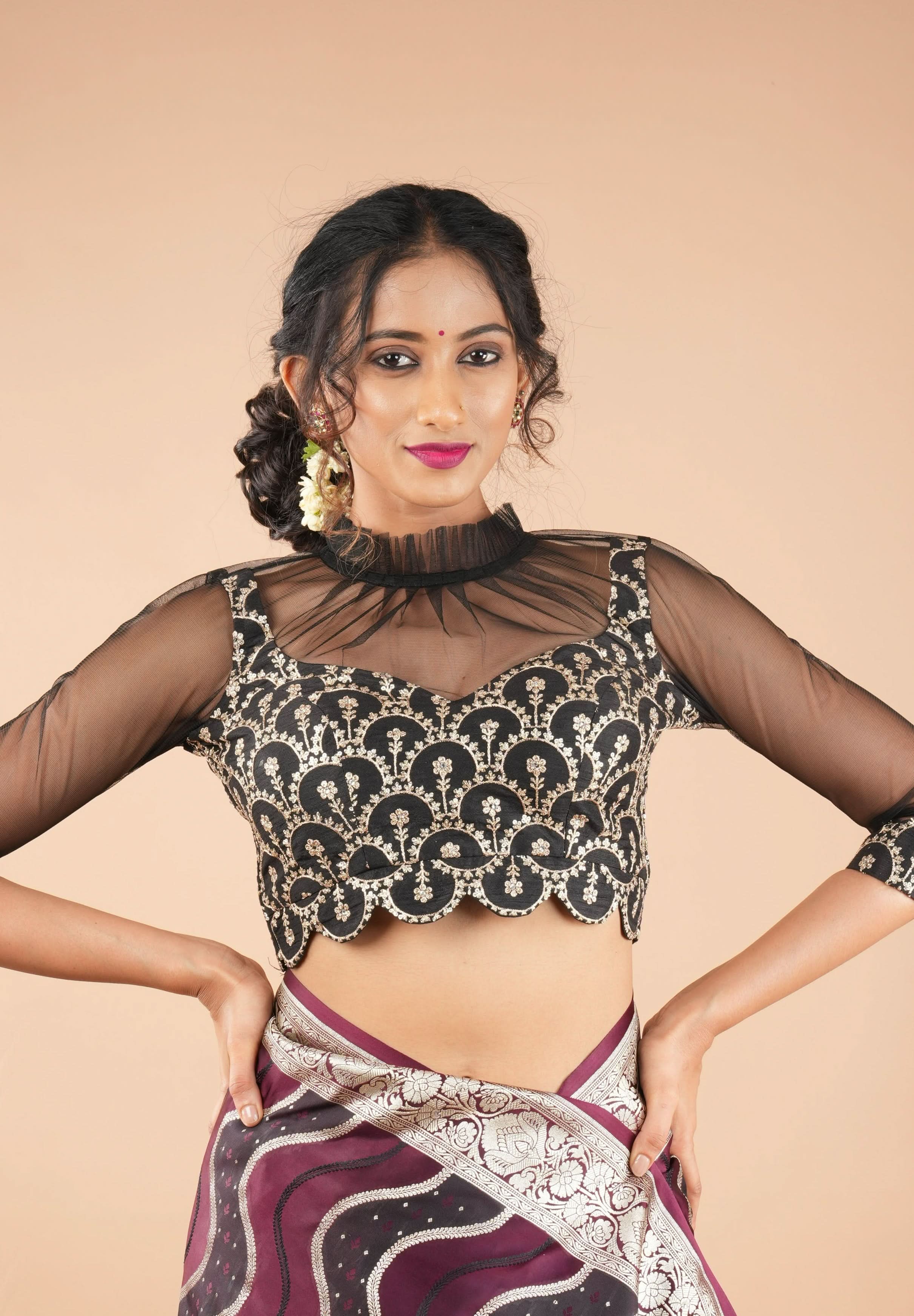 Black embroidered blouse with net gathered yoke and scalloped front base | Shobitam - Image 5