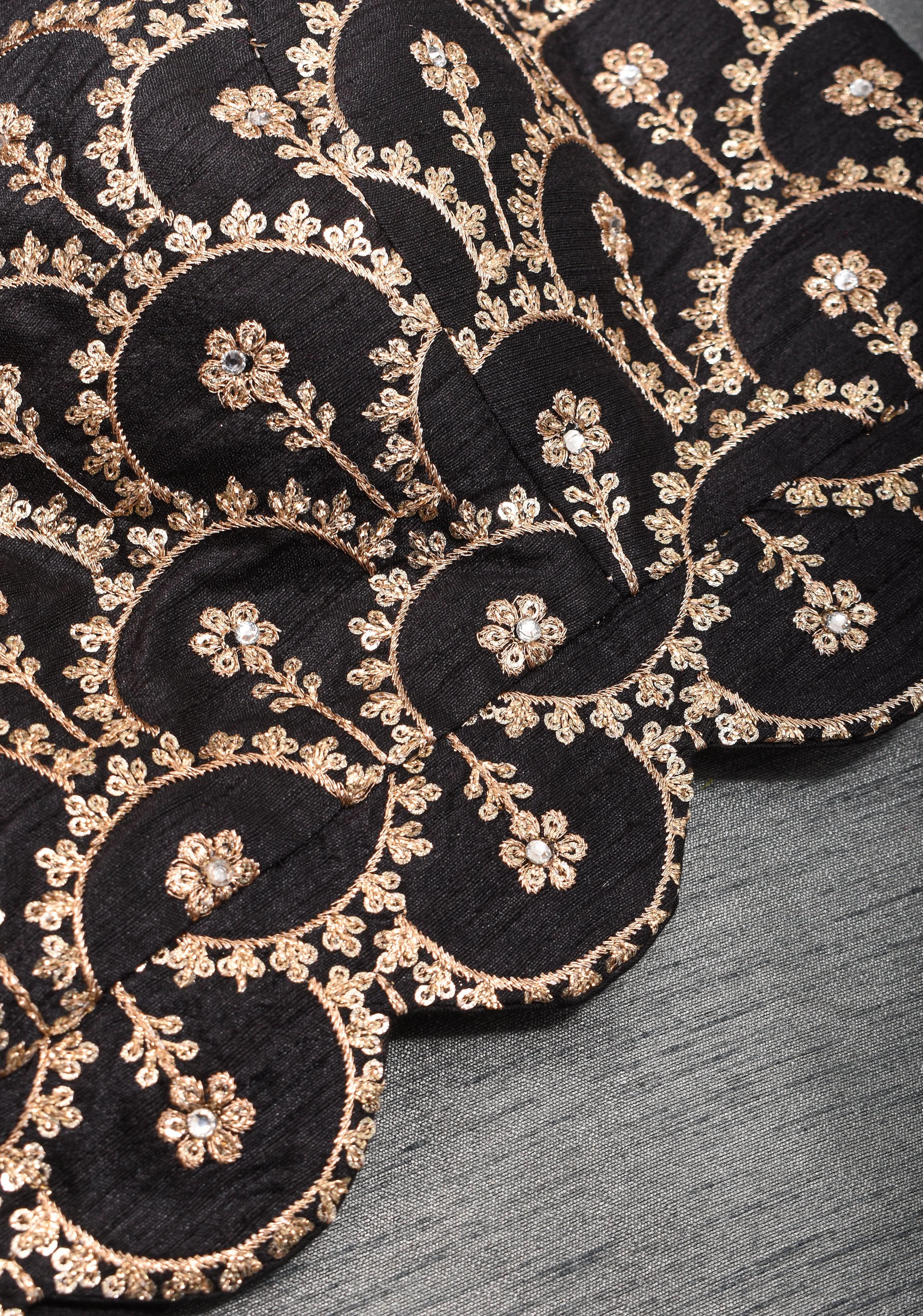 Black embroidered blouse with net gathered yoke and scalloped front base | Shobitam - Image 8