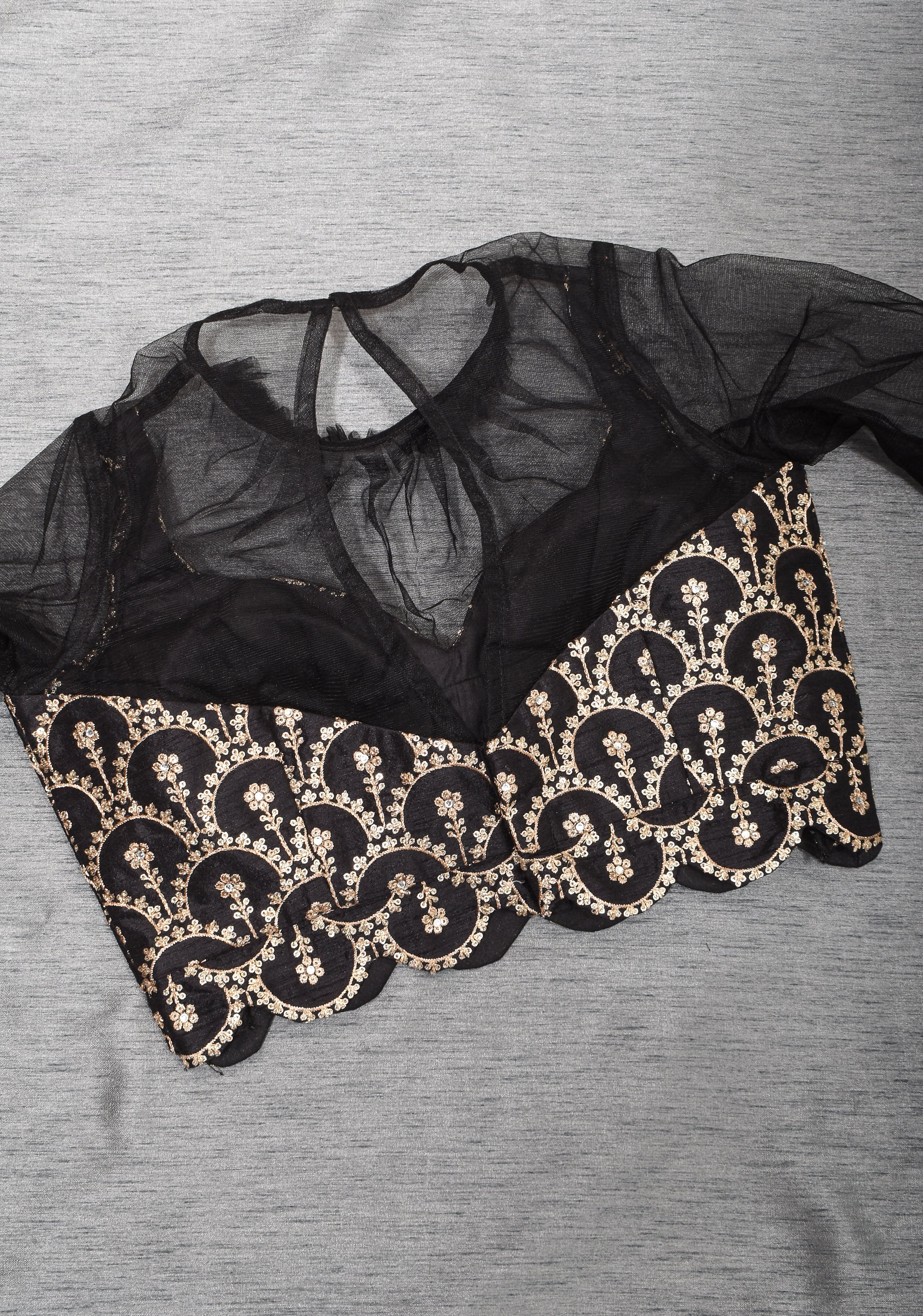 Black embroidered blouse with net gathered yoke and scalloped front base | Shobitam - Image 9