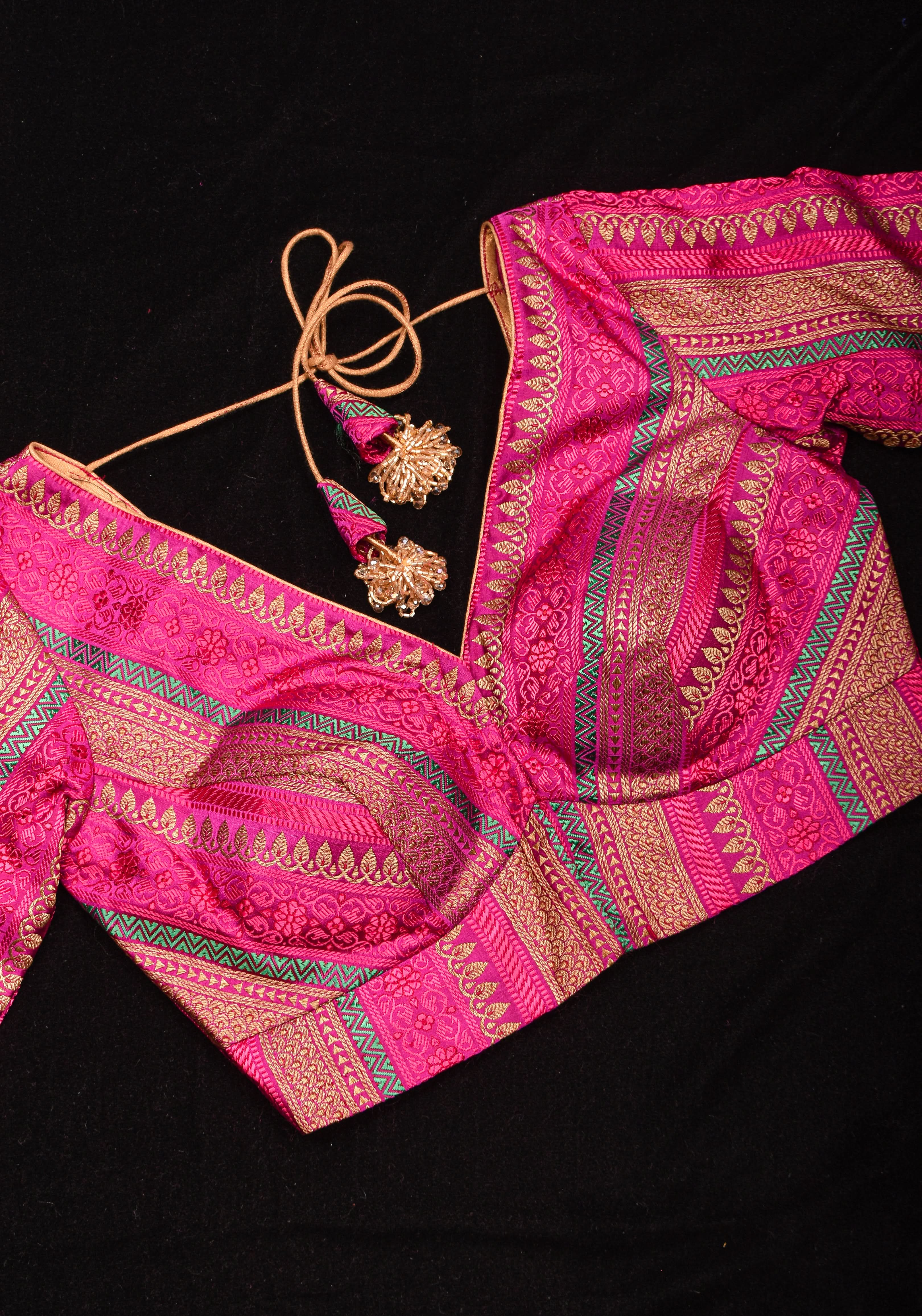 Rani Pink with Multicolor Striped Brocade Banarasi Blouse with V neck, Made to Order | Shobitam - Image 11