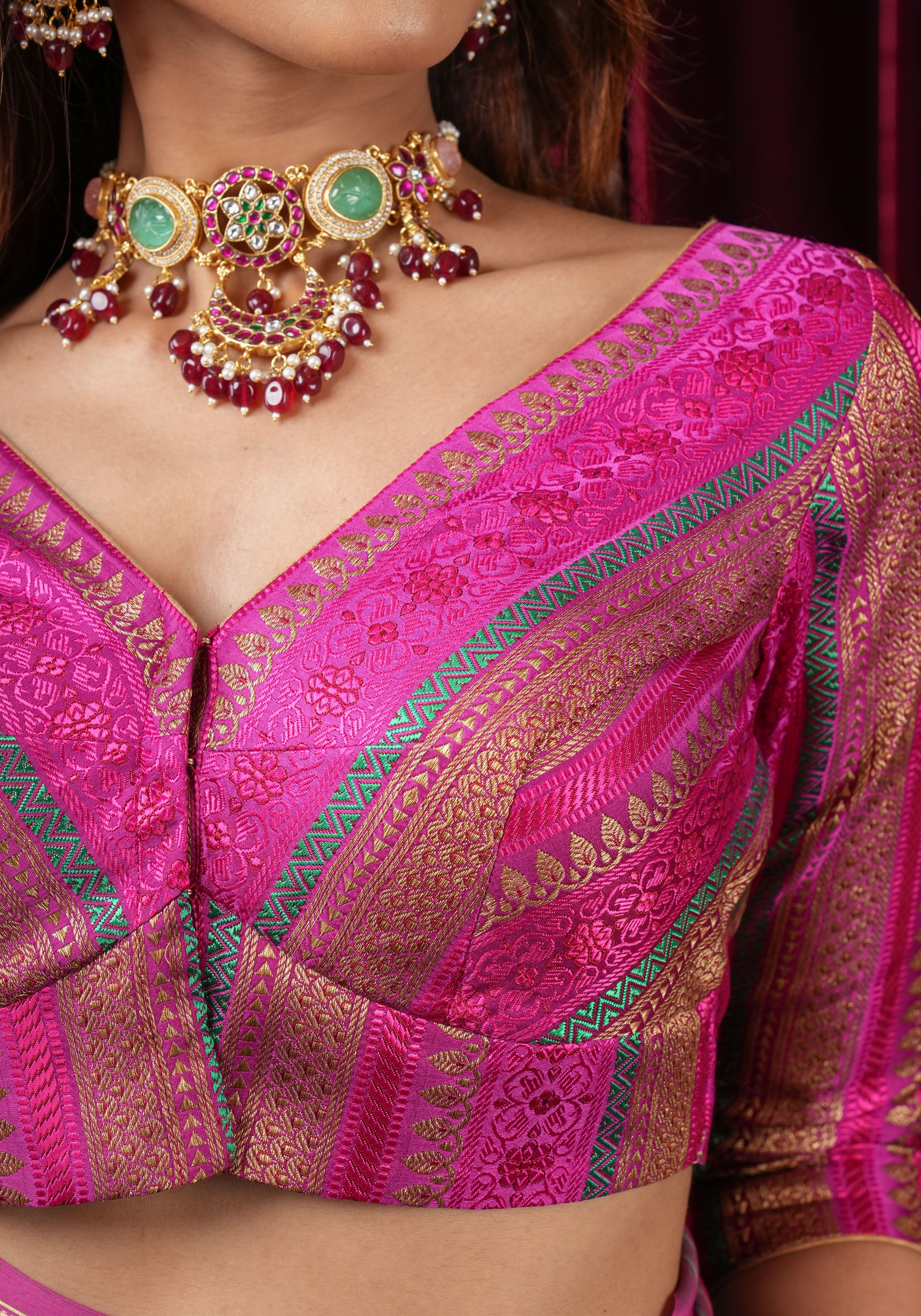 Rani Pink with Multicolor Striped Brocade Banarasi Blouse with V neck, Made to Order | Shobitam - Image 6