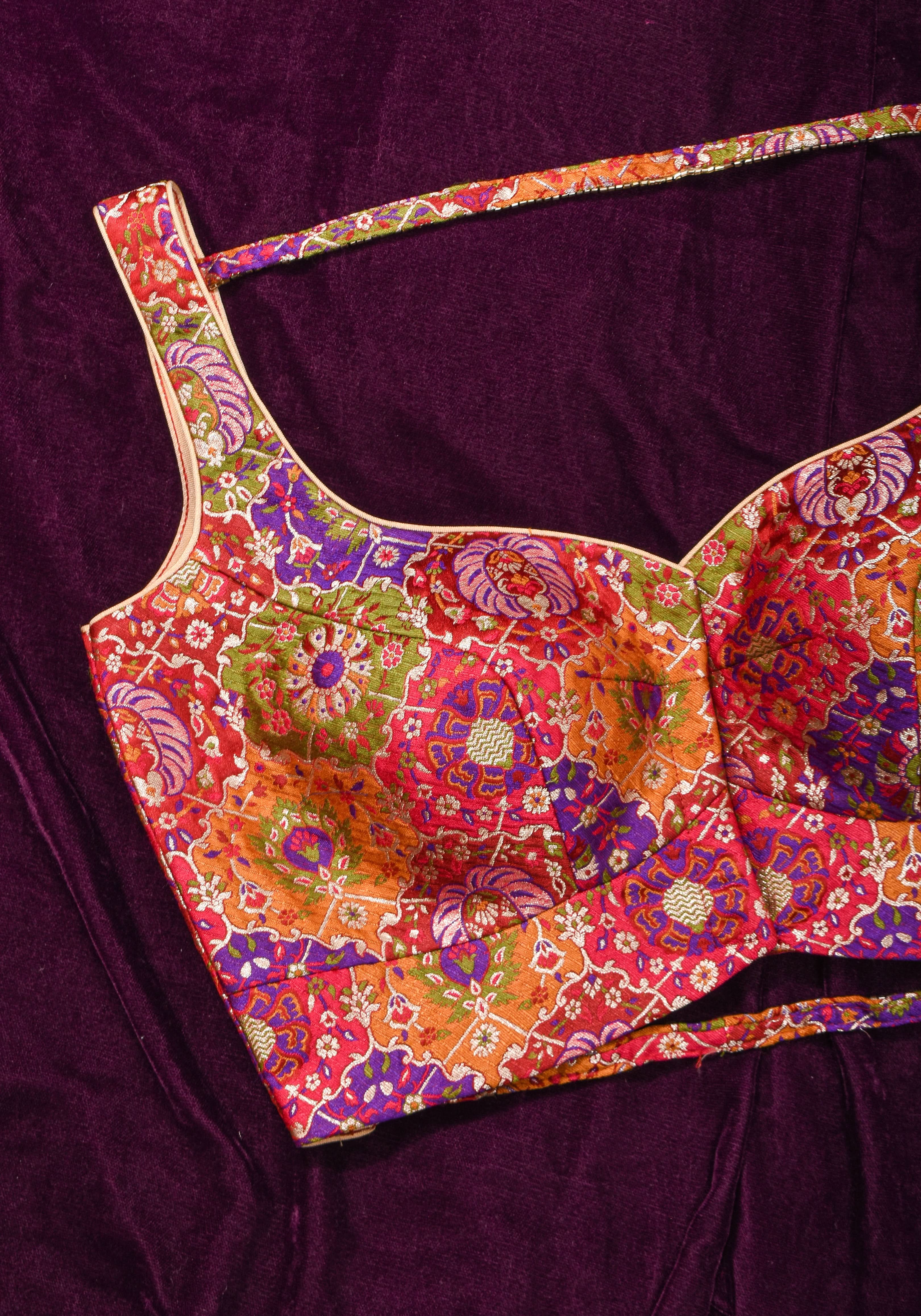 Made To Order: Banarasi Multicolor Brocade blouse with Cutdana Straps | Shobitam - Image 5