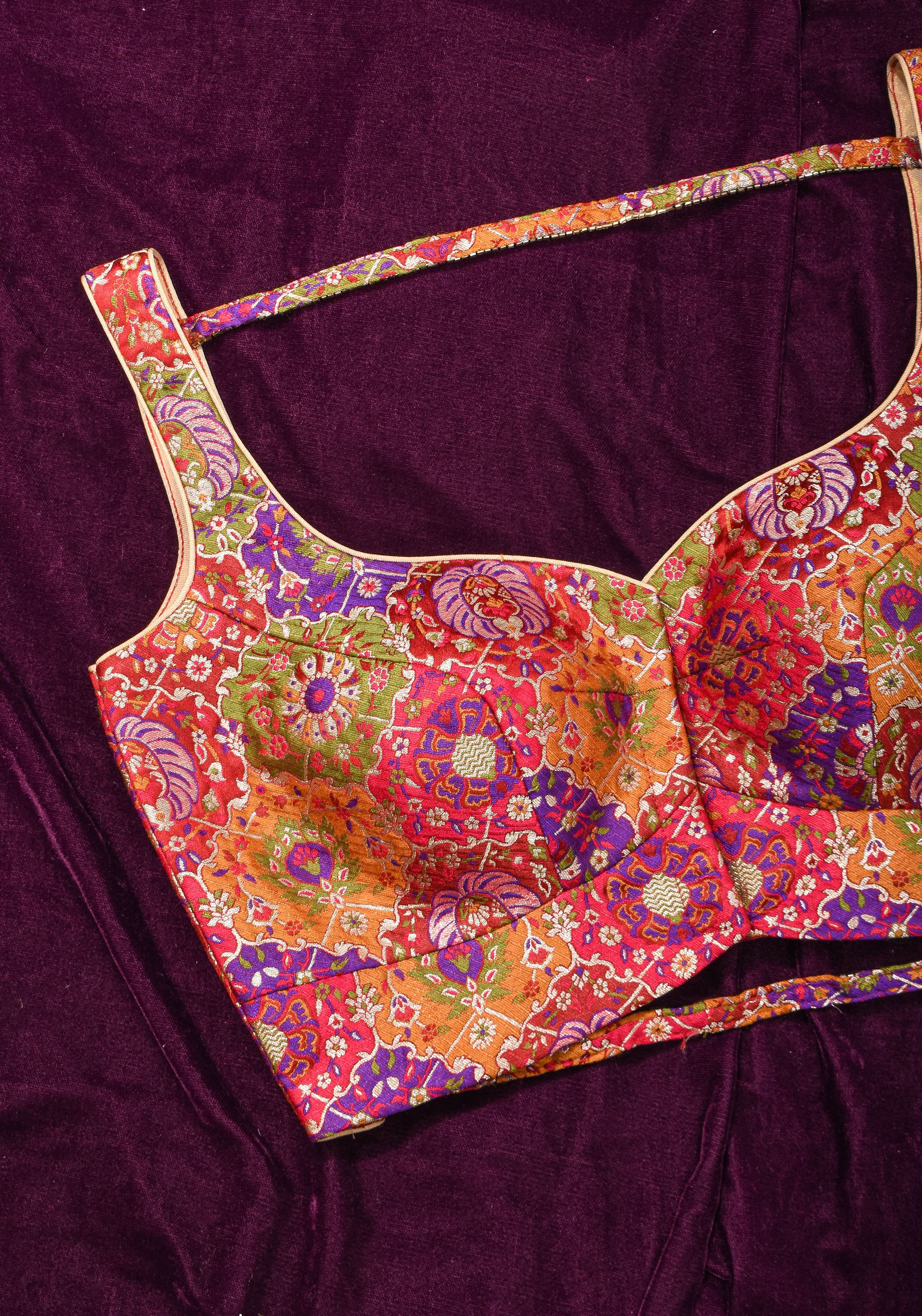 Made To Order: Banarasi Multicolor Brocade blouse with Cutdana Straps | Shobitam - Image 9