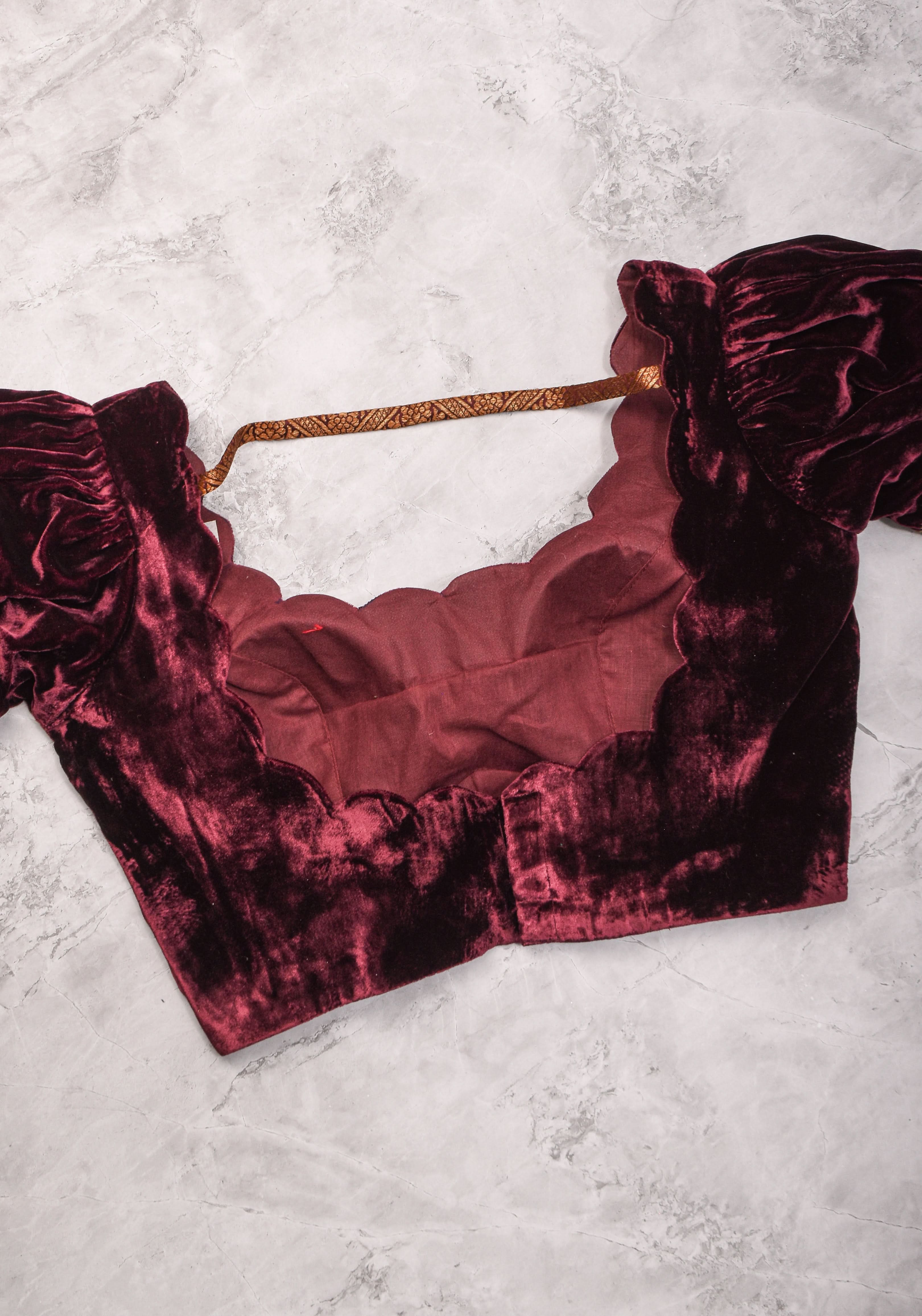 Made To Order: Pure Silk Velvet Scallop neck blouse with pure silk sleevs puff detailing | Shobitam - Image 12