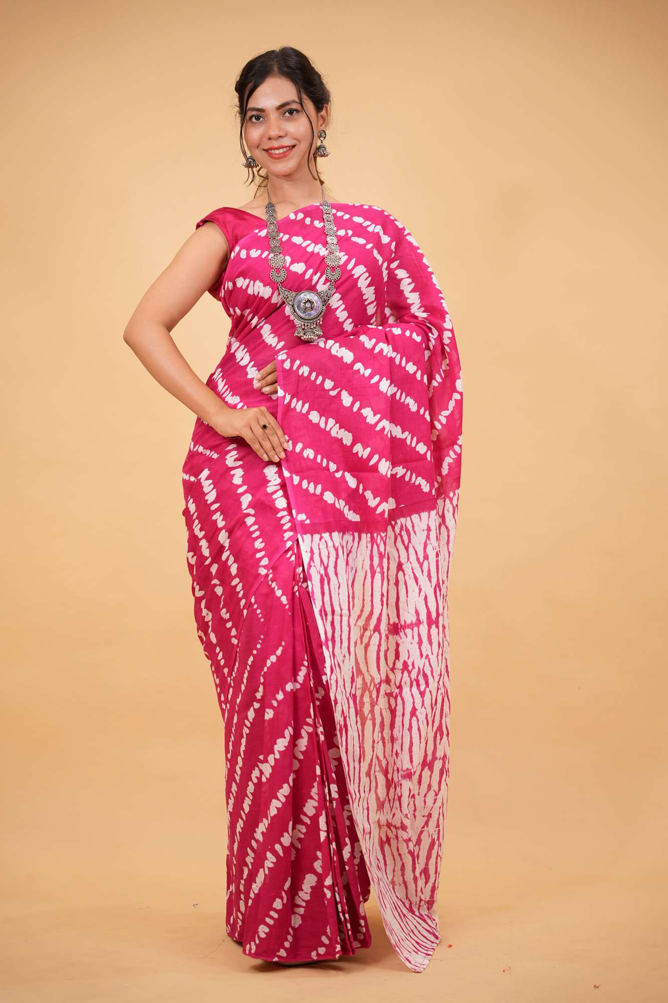 Mulmul Cotton Jaipuri pink with White lehariya Ready to wear Saree - Image 2